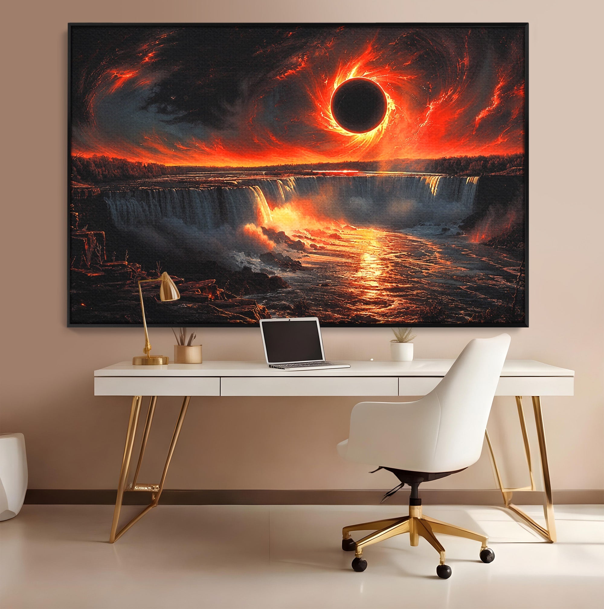 Tablou Canvas Premium LuxCanva® A1726, Eclipsa Mistica, Eclipsa, Cascada, Apus, Peisaj, Living, Culori Vibrante