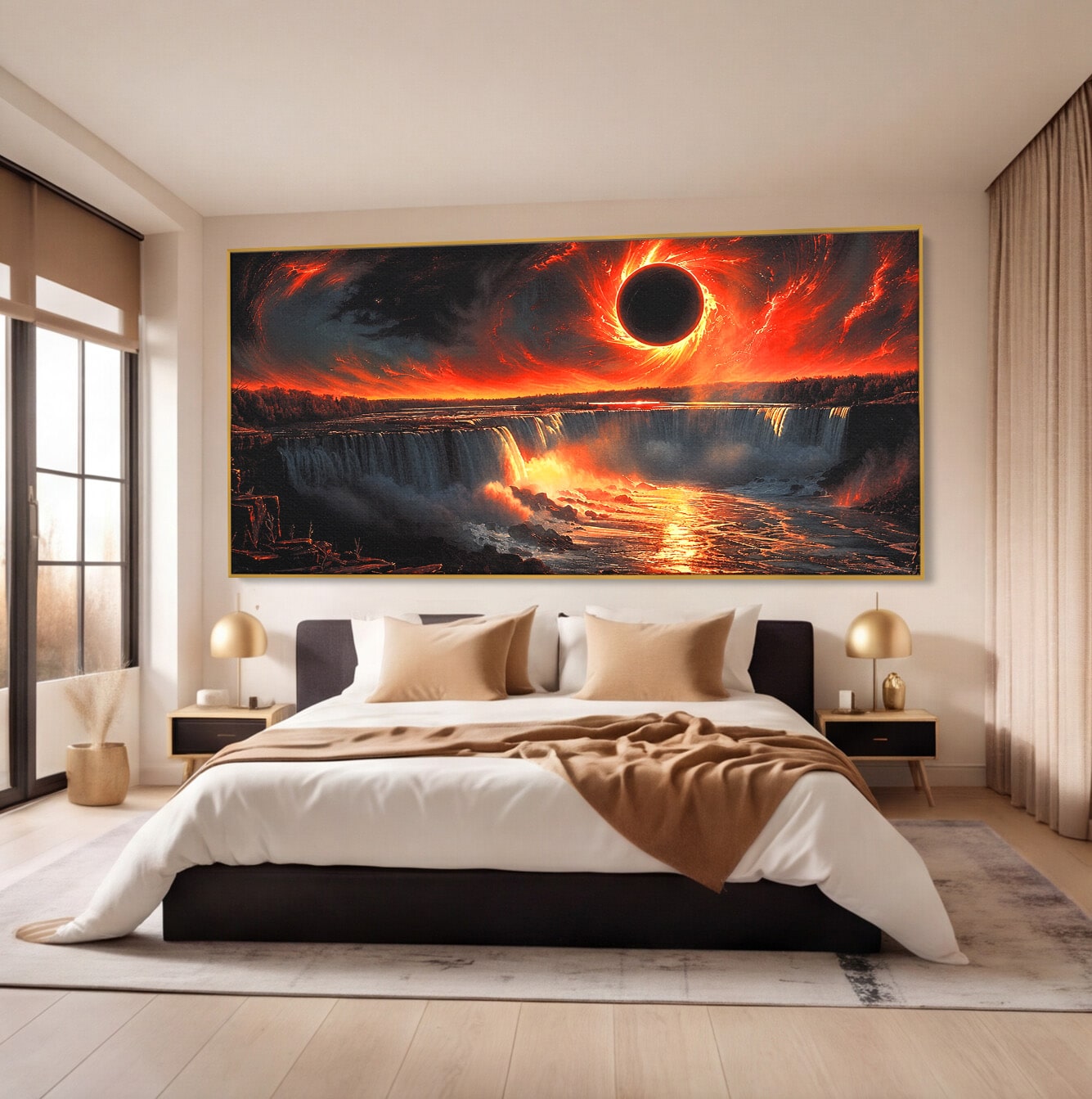 Tablou Canvas Premium LuxCanva® A1726, Eclipsa Mistica, Eclipsa, Cascada, Apus, Peisaj, Living, Culori Vibrante