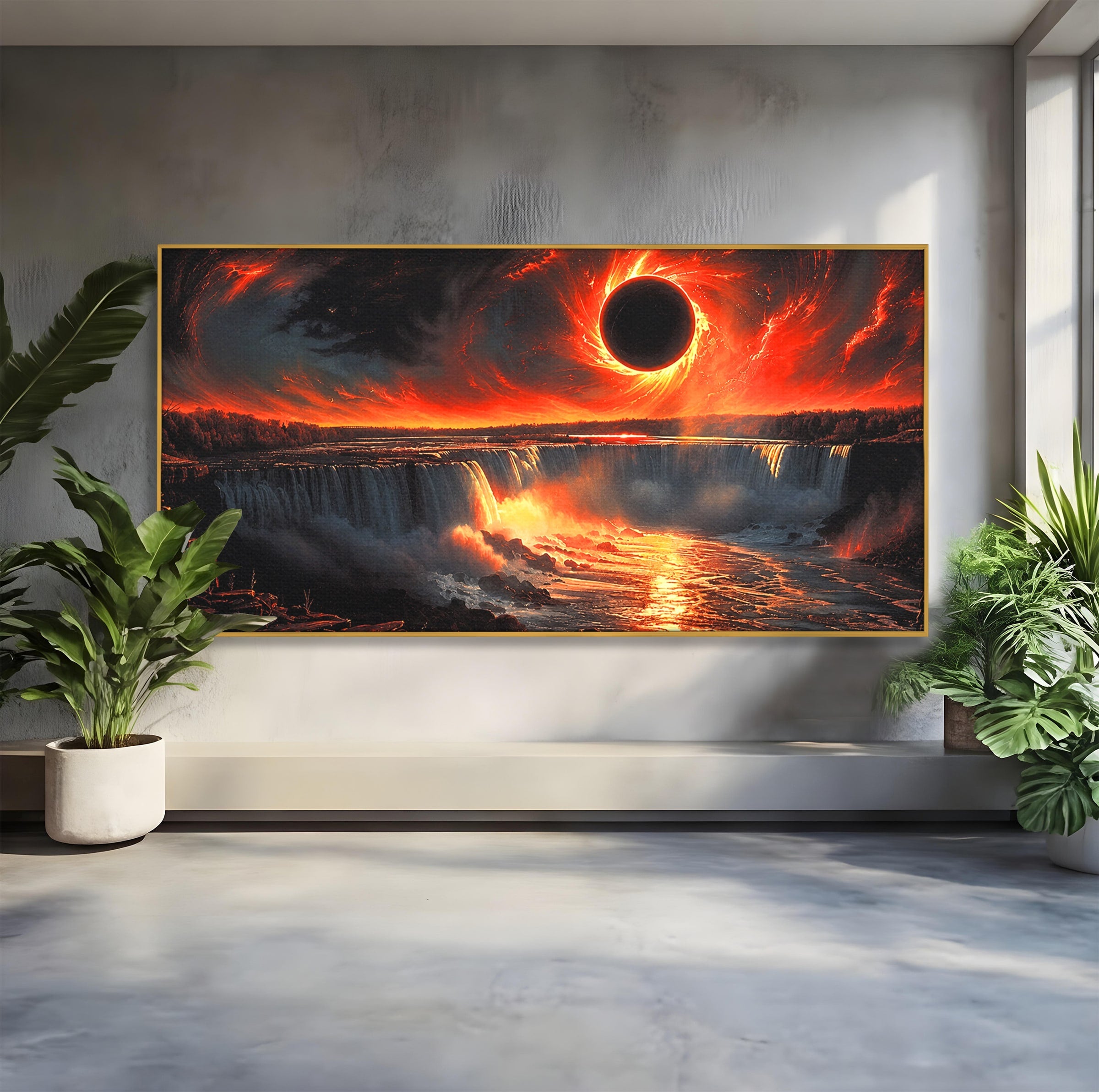 Tablou Canvas Premium LuxCanva® A1726, Eclipsa Mistica, Eclipsa, Cascada, Apus, Peisaj, Living, Culori Vibrante