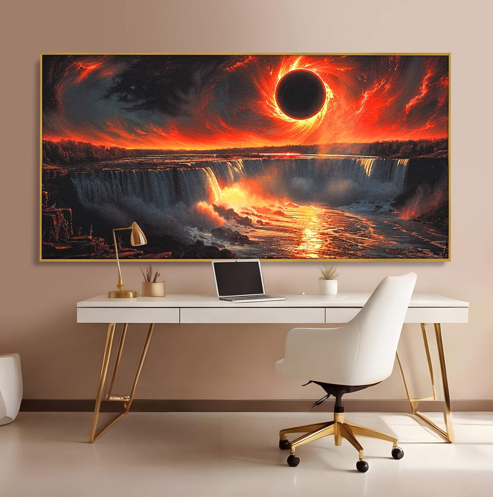 Tablou Canvas Premium LuxCanva® A1726, Eclipsa Mistica, Eclipsa, Cascada, Apus, Peisaj, Living, Culori Vibrante