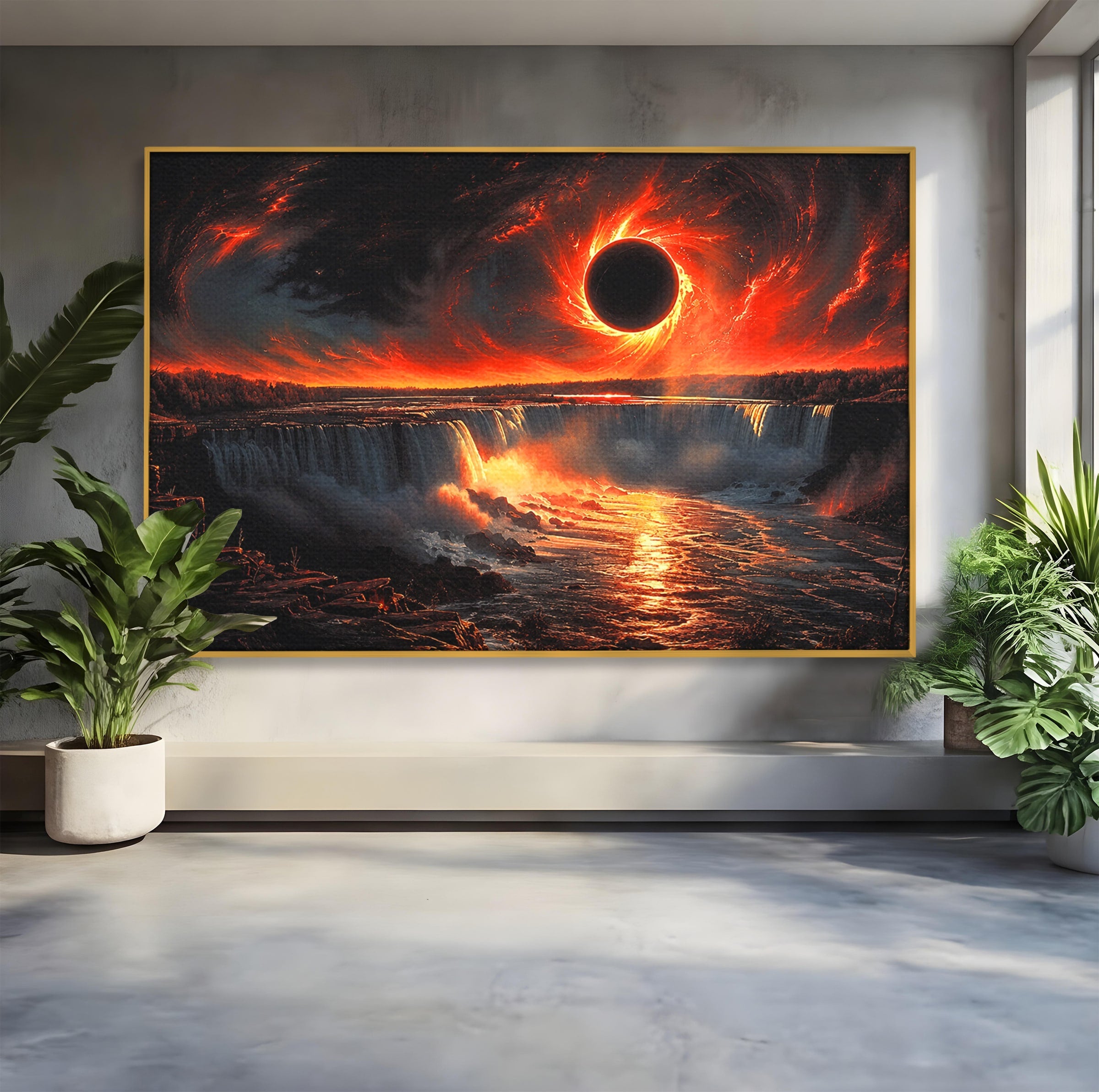 Tablou Canvas Premium LuxCanva® A1726, Eclipsa Mistica, Eclipsa, Cascada, Apus, Peisaj, Living, Culori Vibrante