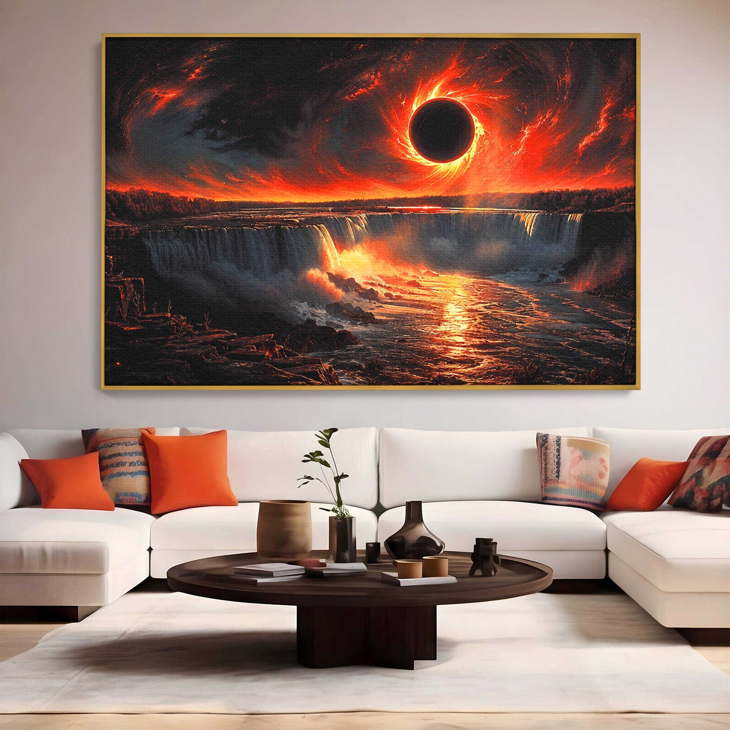 Tablou Canvas Premium LuxCanva® A1726, Eclipsa Mistica, Eclipsa, Cascada, Apus, Peisaj, Living, Culori Vibrante