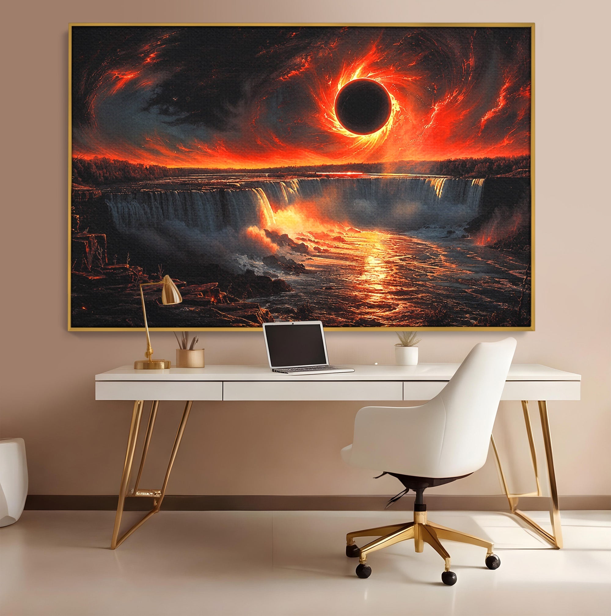 Tablou Canvas Premium LuxCanva® A1726, Eclipsa Mistica, Eclipsa, Cascada, Apus, Peisaj, Living, Culori Vibrante