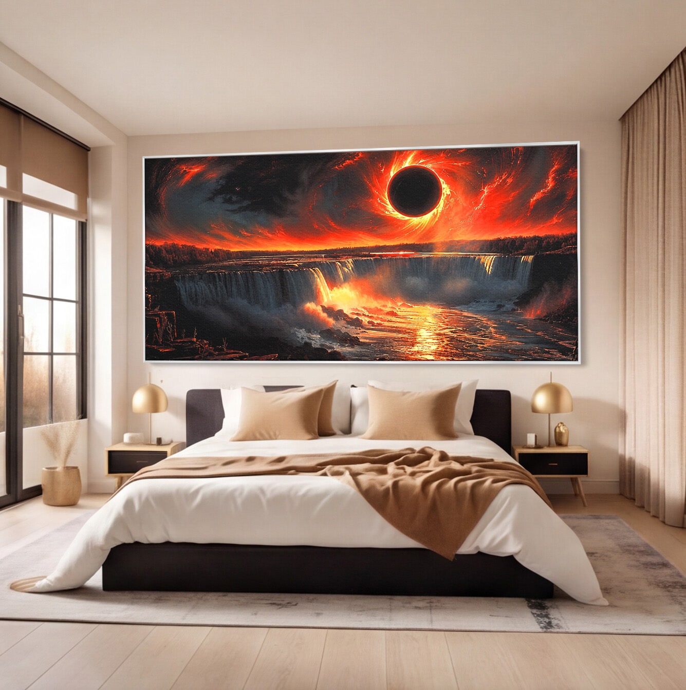 Tablou Canvas Premium LuxCanva® A1726, Eclipsa Mistica, Eclipsa, Cascada, Apus, Peisaj, Living, Culori Vibrante