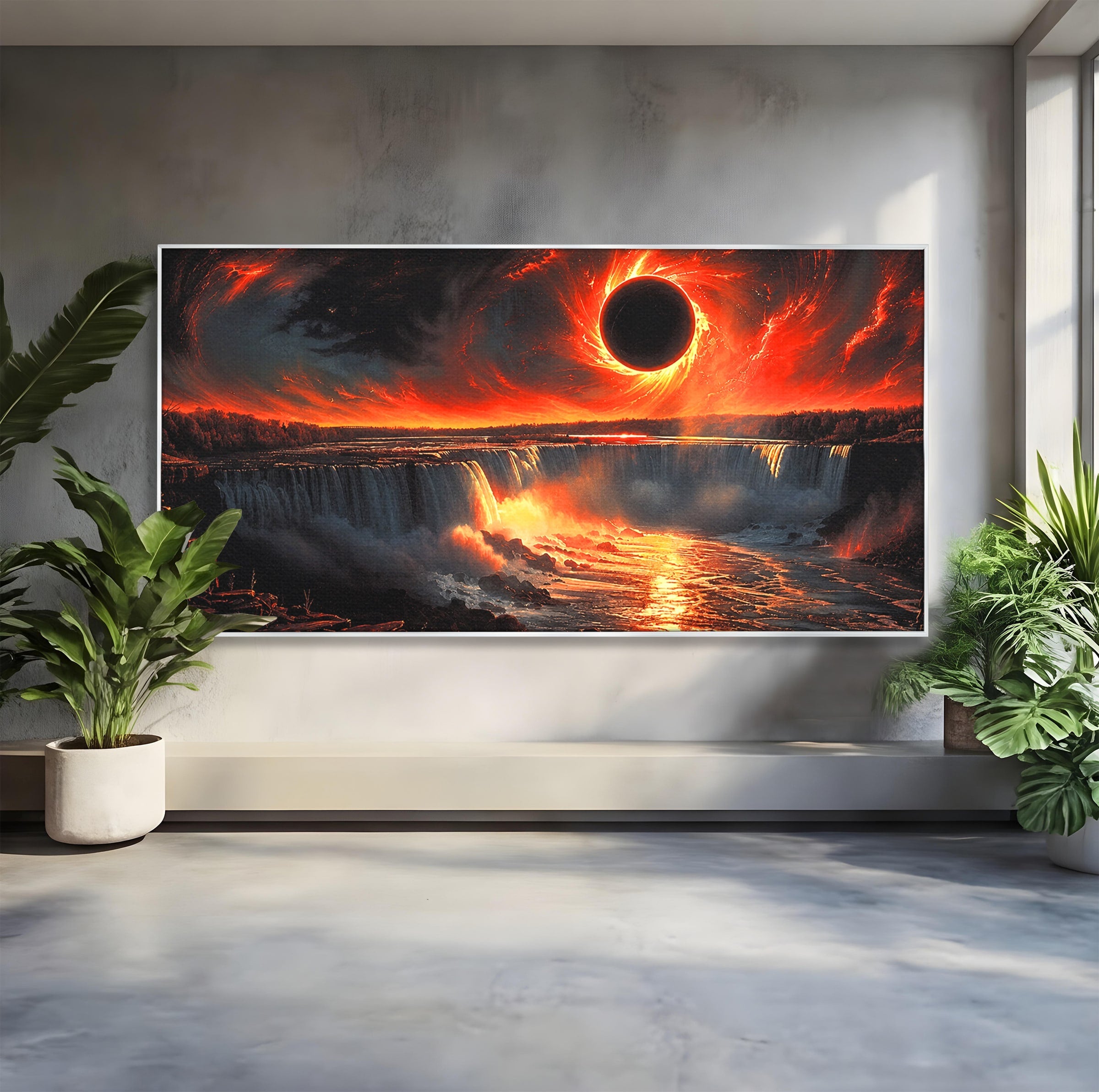 Tablou Canvas Premium LuxCanva® A1726, Eclipsa Mistica, Eclipsa, Cascada, Apus, Peisaj, Living, Culori Vibrante