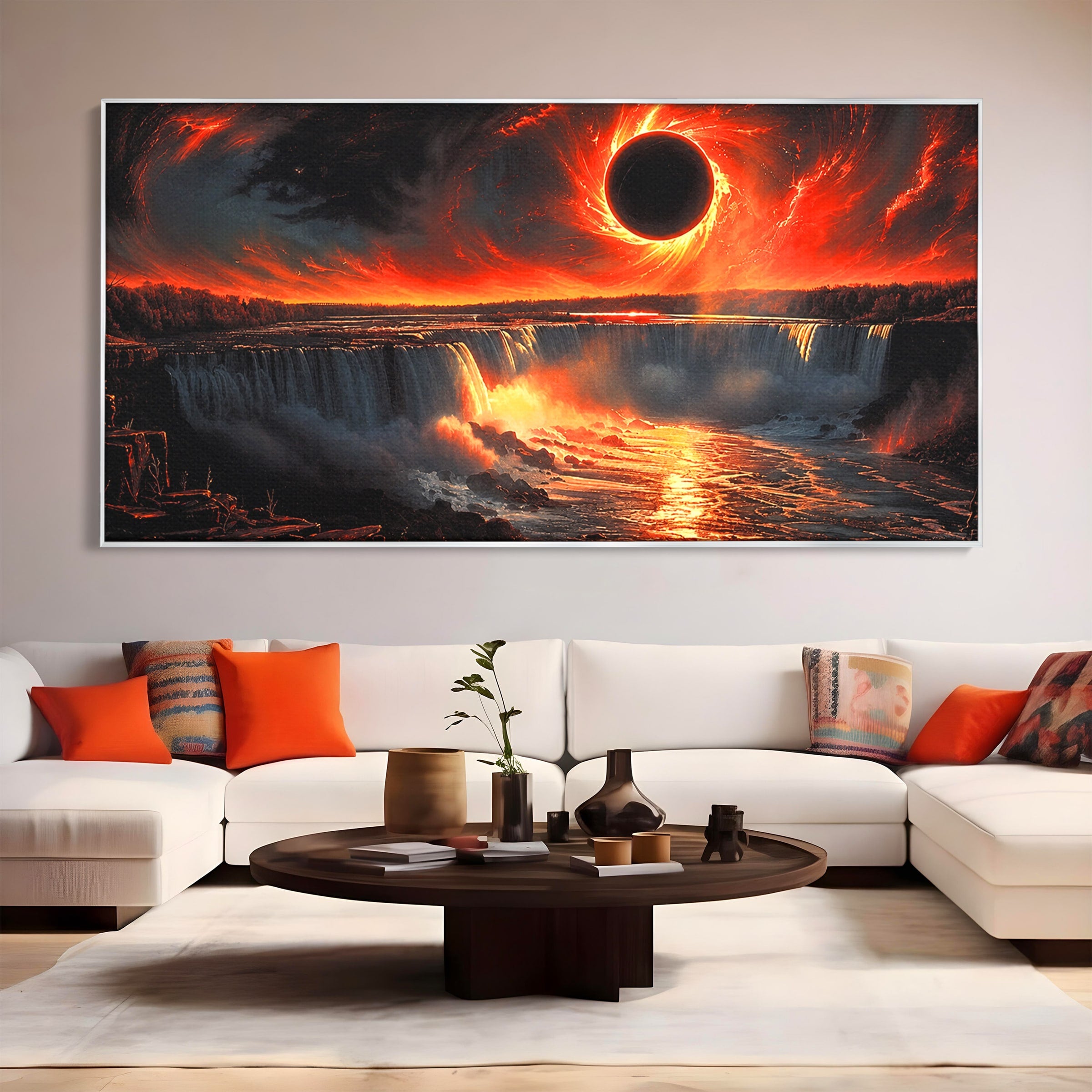 Tablou Canvas Premium LuxCanva® A1726, Eclipsa Mistica, Eclipsa, Cascada, Apus, Peisaj, Living, Culori Vibrante