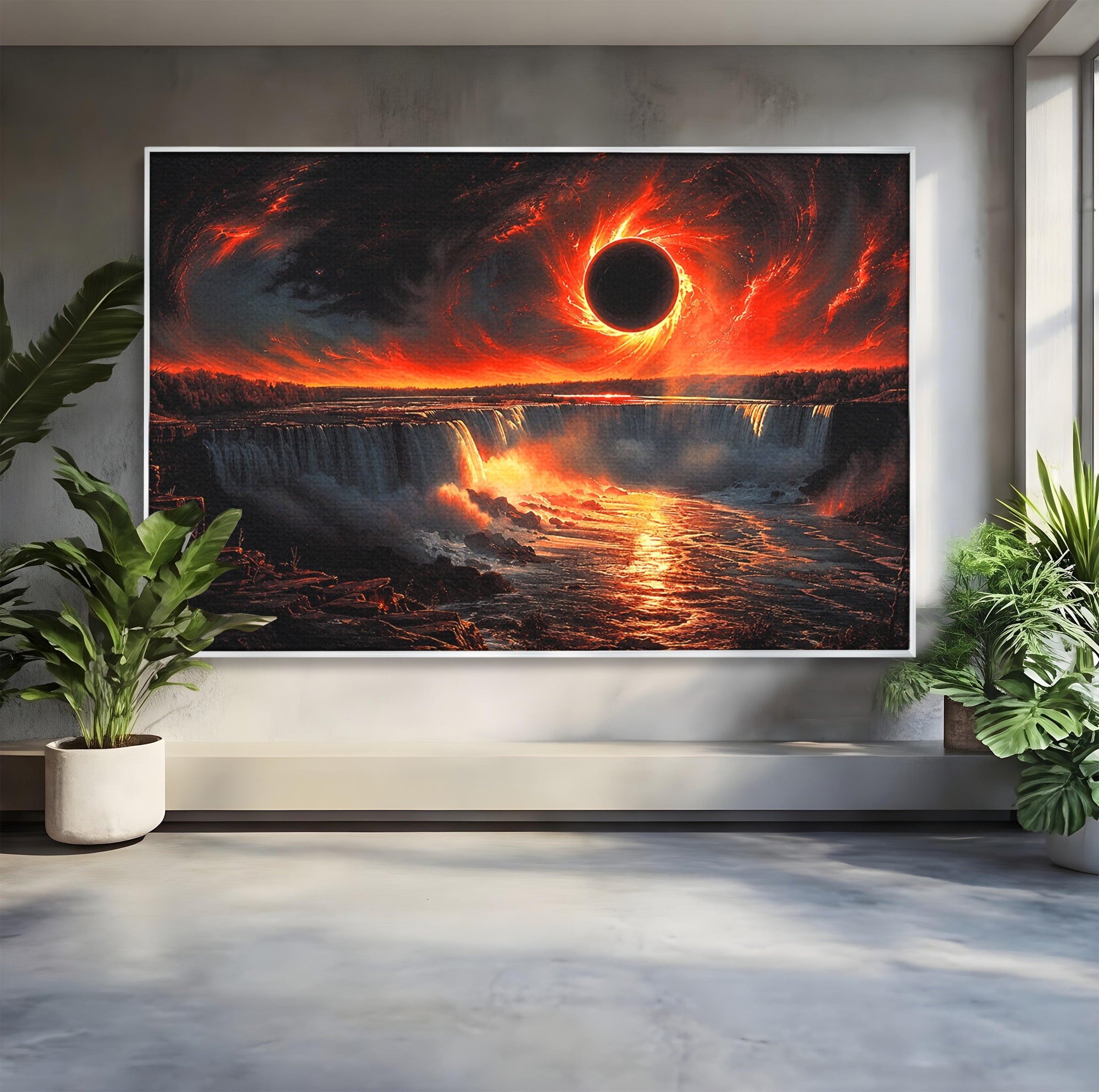 Tablou Canvas Premium LuxCanva® A1726, Eclipsa Mistica, Eclipsa, Cascada, Apus, Peisaj, Living, Culori Vibrante
