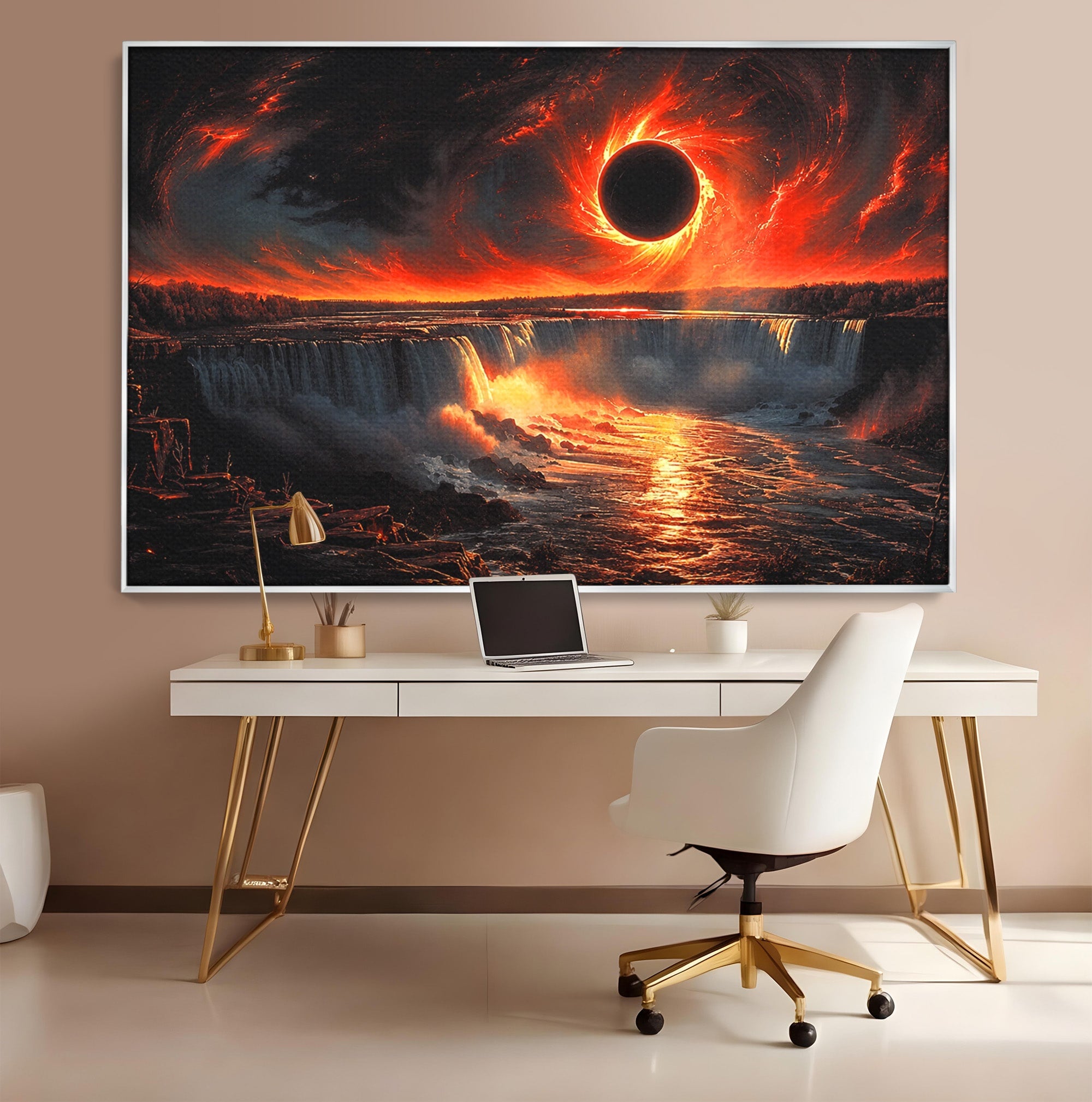 Tablou Canvas Premium LuxCanva® A1726, Eclipsa Mistica, Eclipsa, Cascada, Apus, Peisaj, Living, Culori Vibrante
