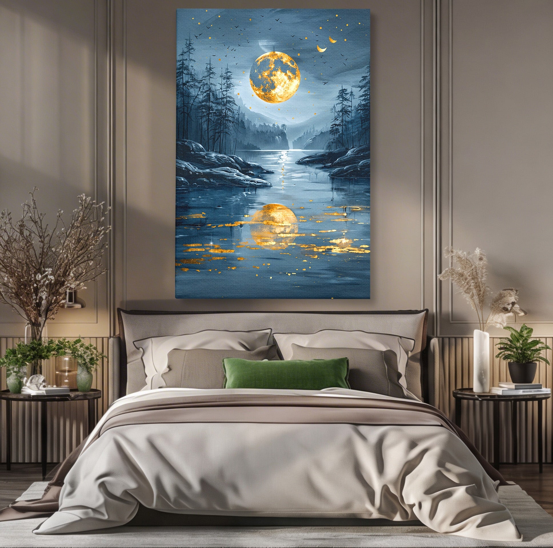 Tablou Canvas Premium LuxCanva® A1727, Luna De Aur, Luna, Peisaj, Noapte, Natura, Living, Culori Vibrante