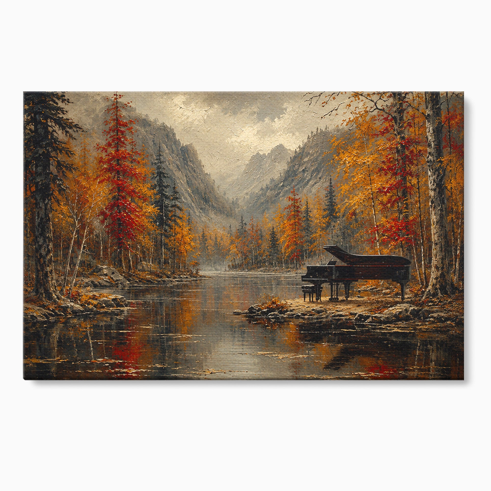 Tablou Canvas Premium LuxCanva® A1731, Pianul In Padurea De Toamna, Pian, Toamna, Padure, Lac, Living, Peisaj, Culori Vibrante