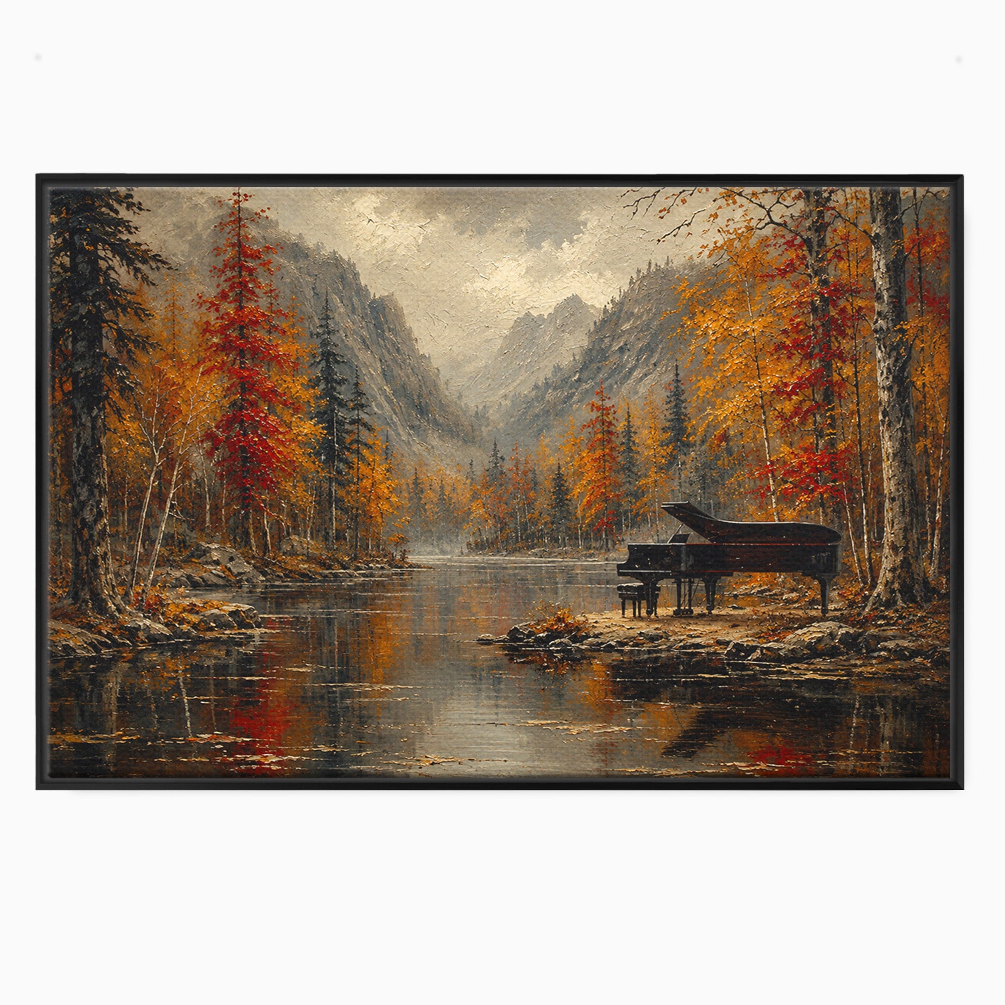 Tablou Canvas Premium LuxCanva® A1731, Pianul In Padurea De Toamna, Pian, Toamna, Padure, Lac, Living, Peisaj, Culori Vibrante