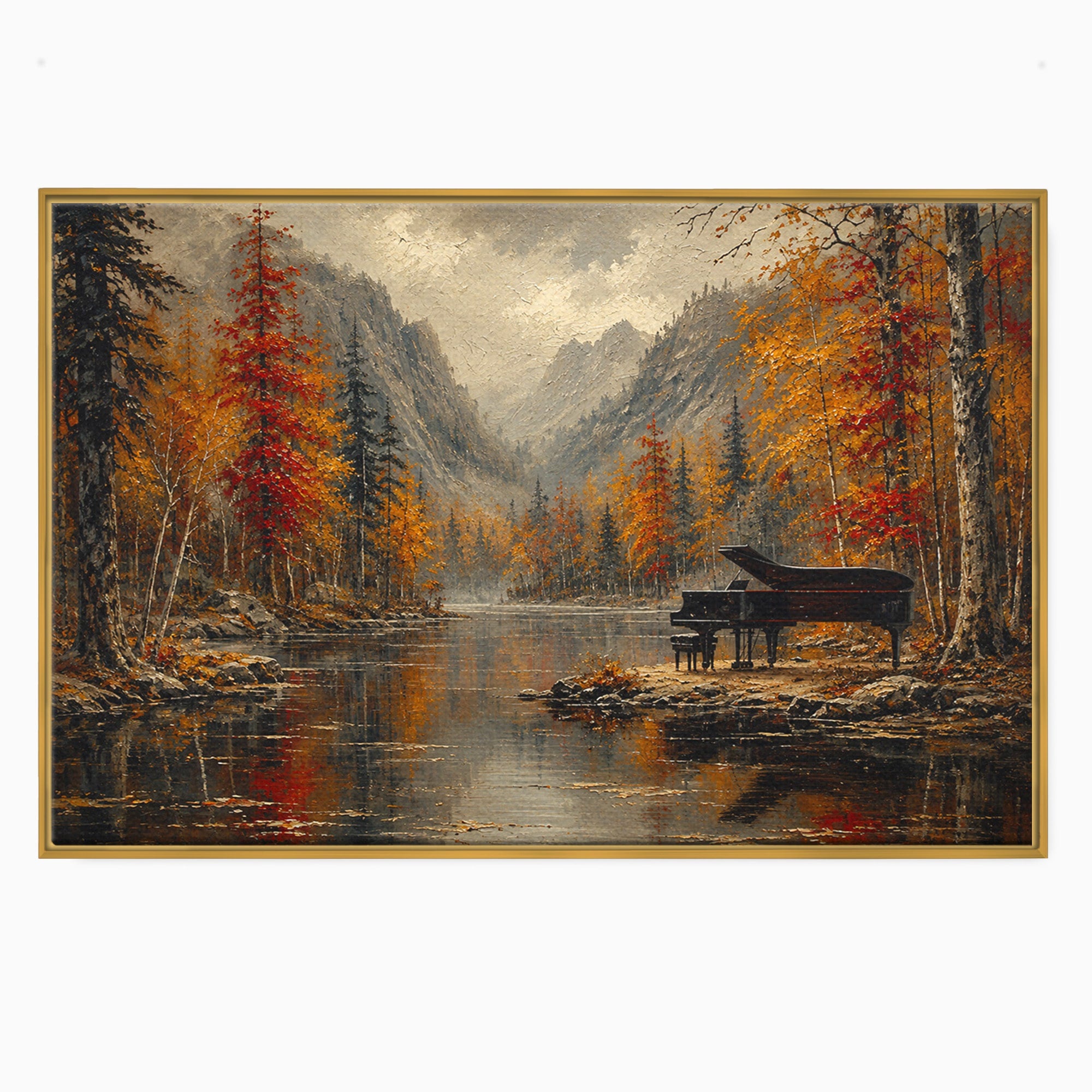Tablou Canvas Premium LuxCanva® A1731, Pianul In Padurea De Toamna, Pian, Toamna, Padure, Lac, Living, Peisaj, Culori Vibrante