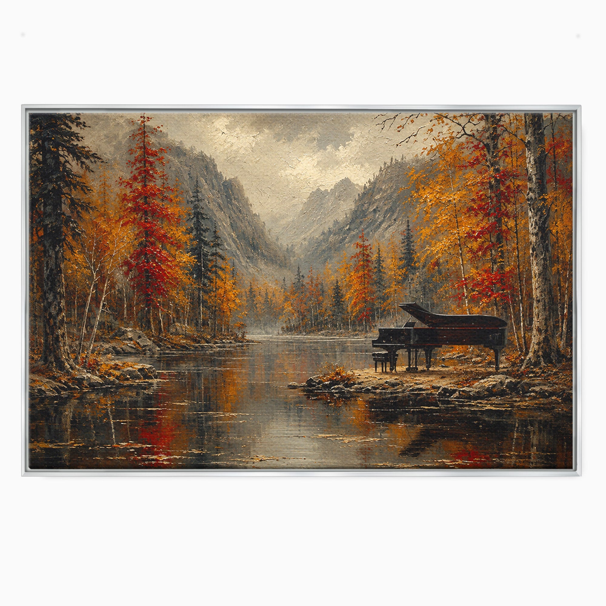Tablou Canvas Premium LuxCanva® A1731, Pianul In Padurea De Toamna, Pian, Toamna, Padure, Lac, Living, Peisaj, Culori Vibrante