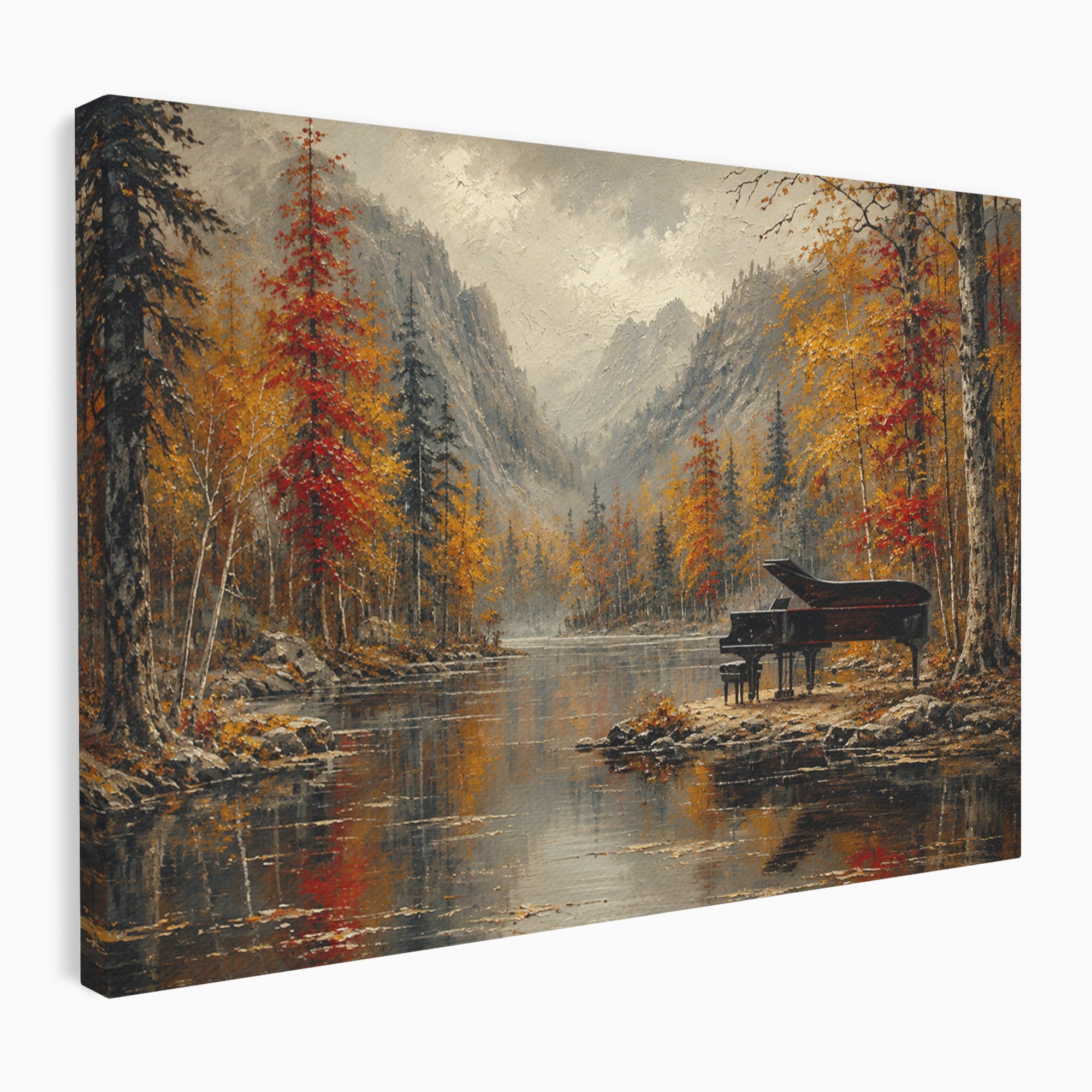 Tablou Canvas Premium LuxCanva® A1731, Pianul In Padurea De Toamna, Pian, Toamna, Padure, Lac, Living, Peisaj, Culori Vibrante