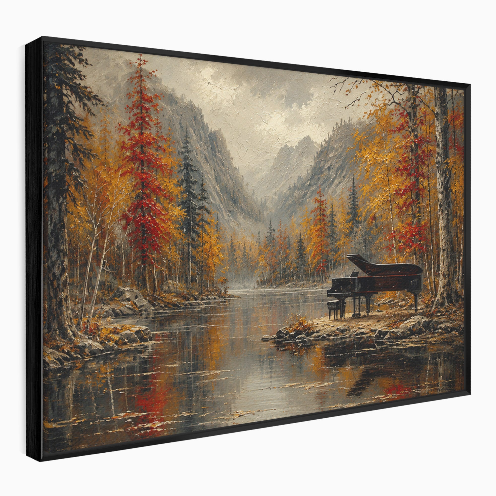 Tablou Canvas Premium LuxCanva® A1731, Pianul In Padurea De Toamna, Pian, Toamna, Padure, Lac, Living, Peisaj, Culori Vibrante