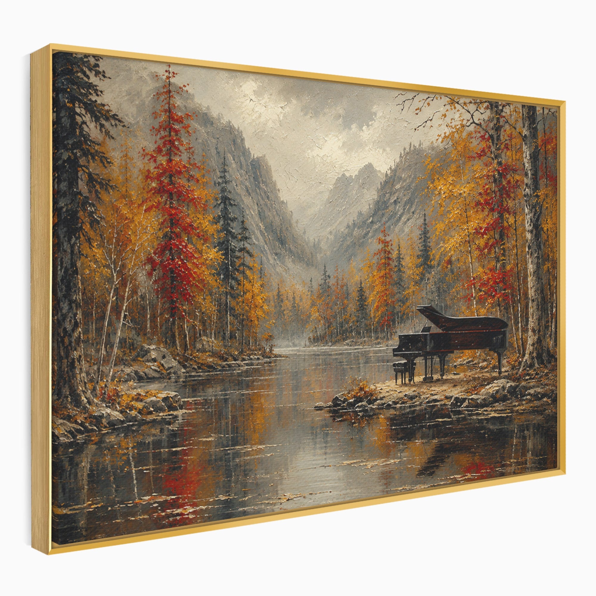 Tablou Canvas Premium LuxCanva® A1731, Pianul In Padurea De Toamna, Pian, Toamna, Padure, Lac, Living, Peisaj, Culori Vibrante