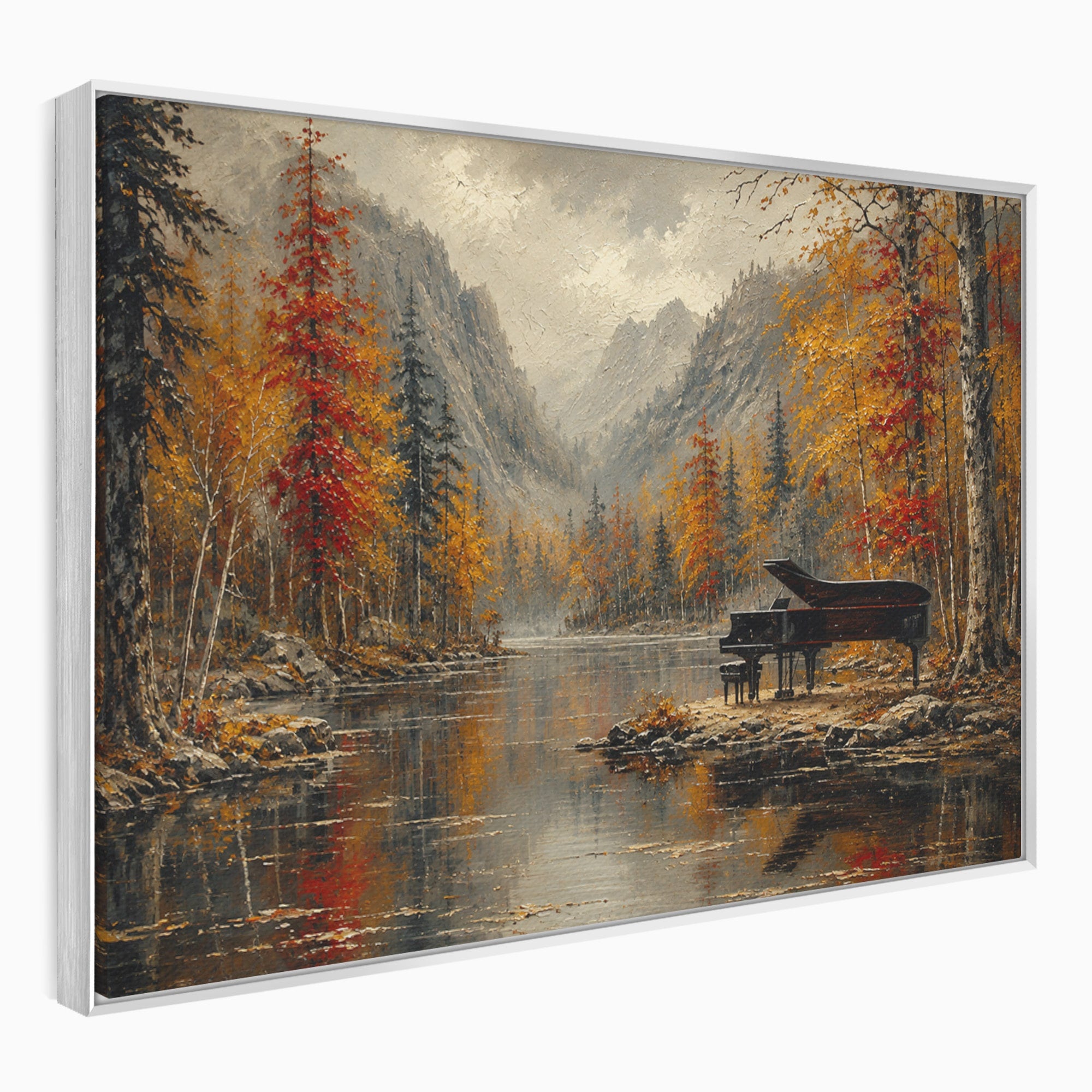 Tablou Canvas Premium LuxCanva® A1731, Pianul In Padurea De Toamna, Pian, Toamna, Padure, Lac, Living, Peisaj, Culori Vibrante