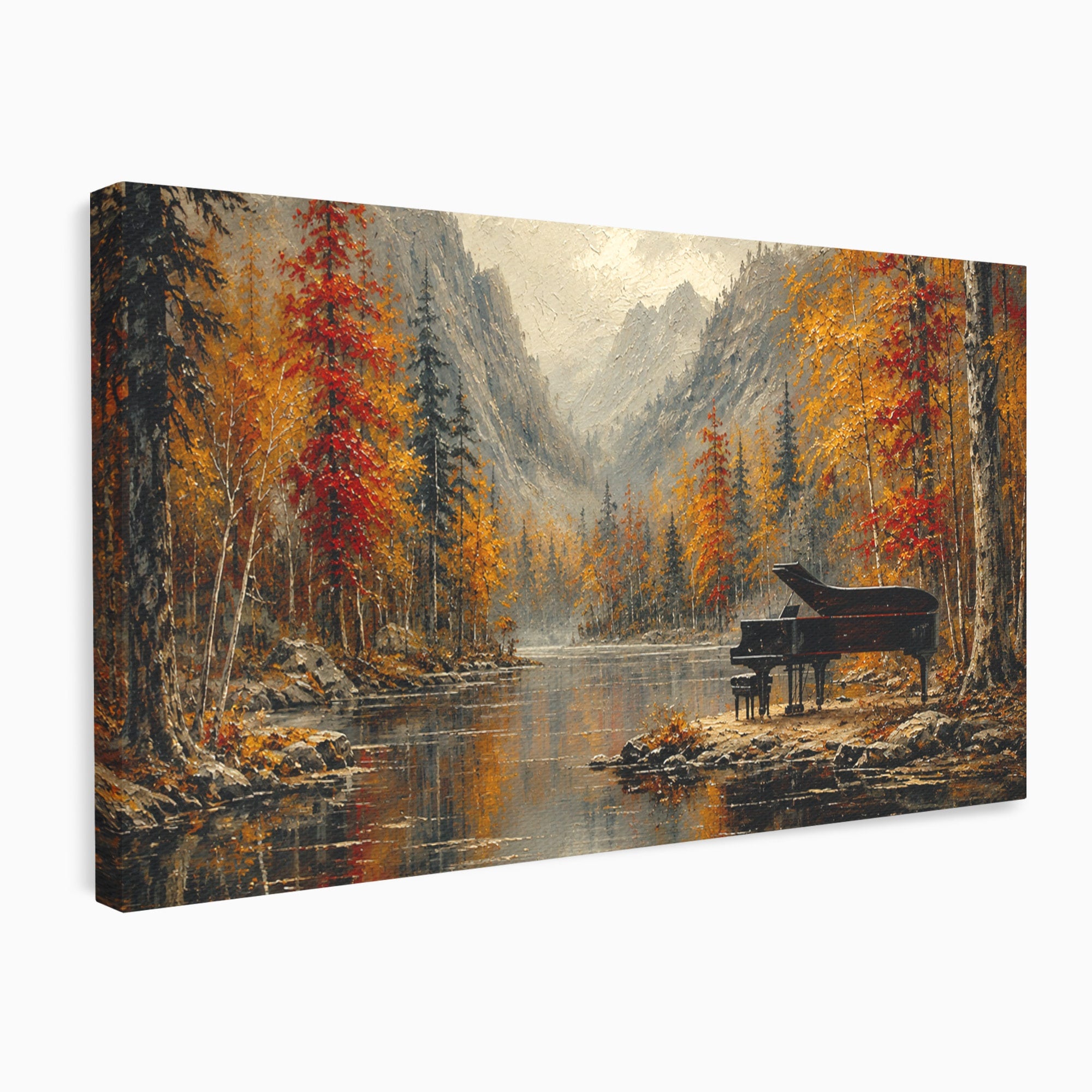 Tablou Canvas Premium LuxCanva® A1731, Pianul In Padurea De Toamna, Pian, Toamna, Padure, Lac, Living, Peisaj, Culori Vibrante