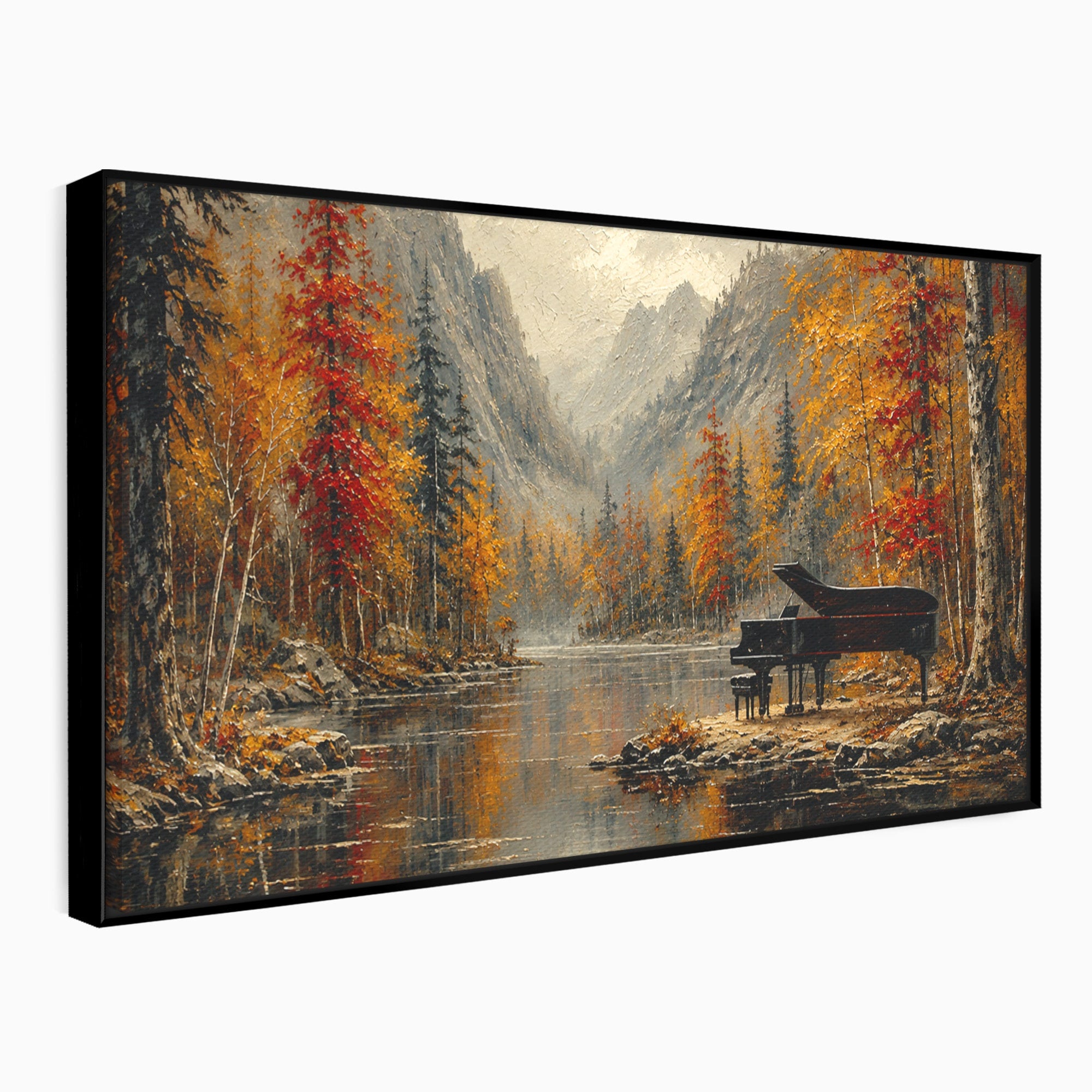Tablou Canvas Premium LuxCanva® A1731, Pianul In Padurea De Toamna, Pian, Toamna, Padure, Lac, Living, Peisaj, Culori Vibrante