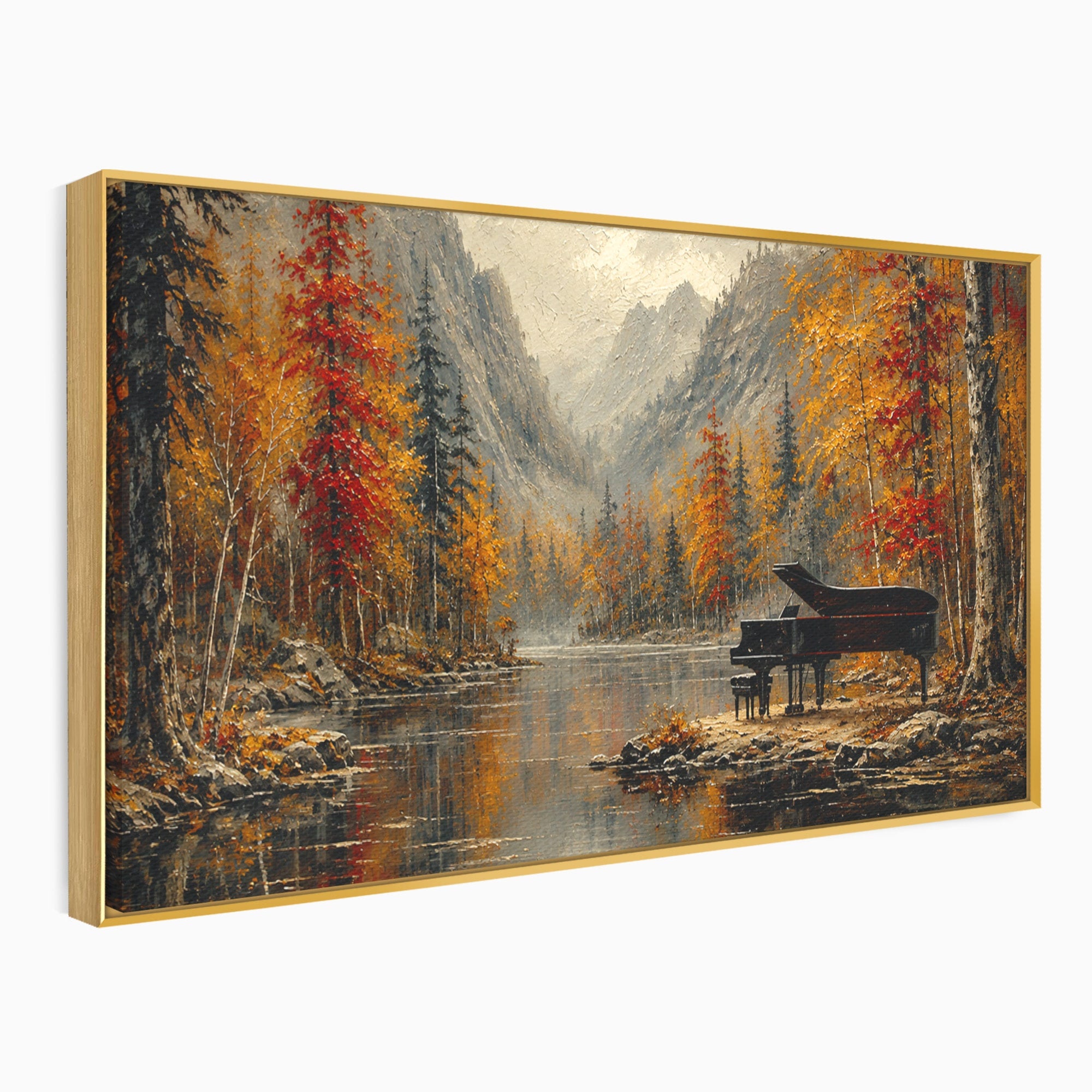 Tablou Canvas Premium LuxCanva® A1731, Pianul In Padurea De Toamna, Pian, Toamna, Padure, Lac, Living, Peisaj, Culori Vibrante