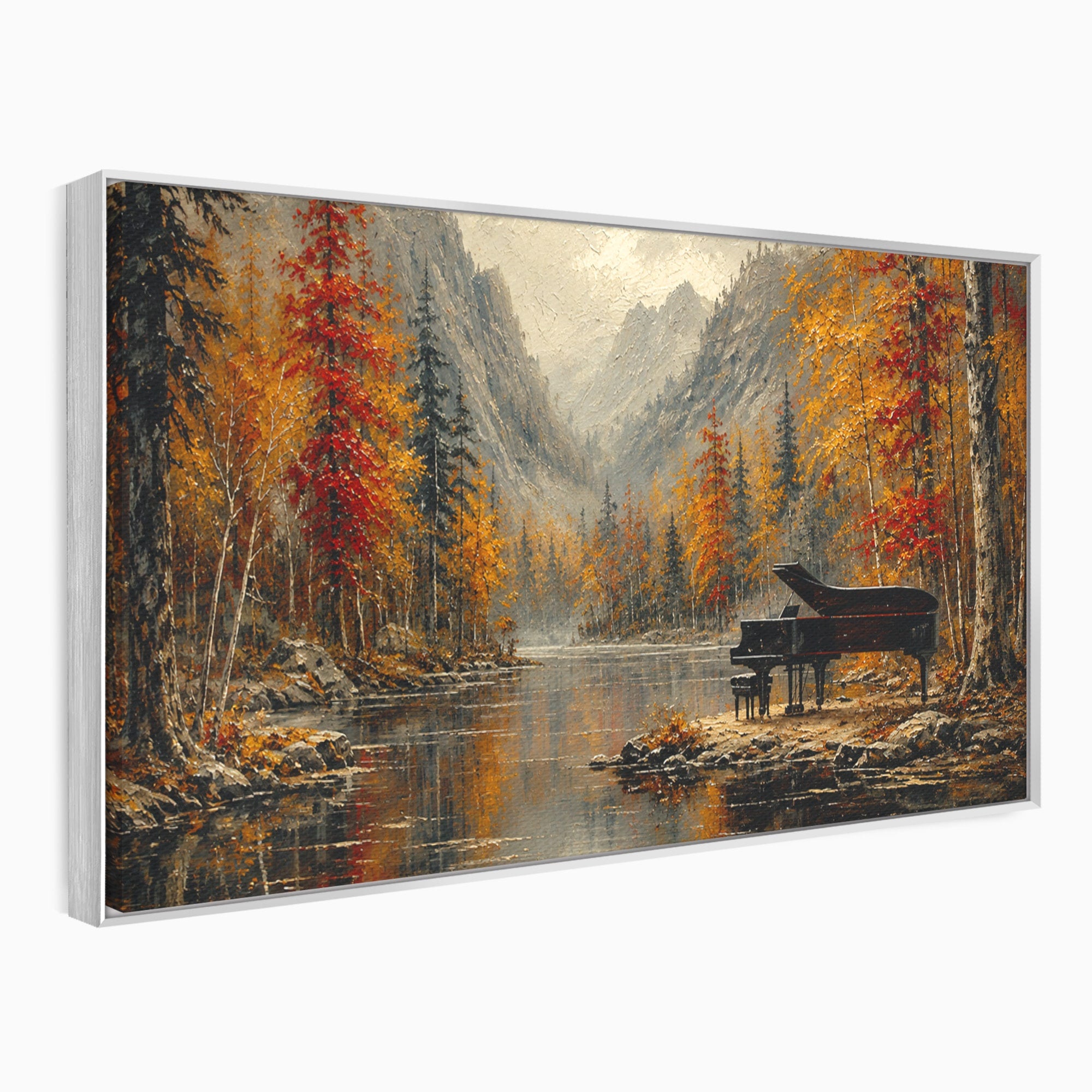 Tablou Canvas Premium LuxCanva® A1731, Pianul In Padurea De Toamna, Pian, Toamna, Padure, Lac, Living, Peisaj, Culori Vibrante