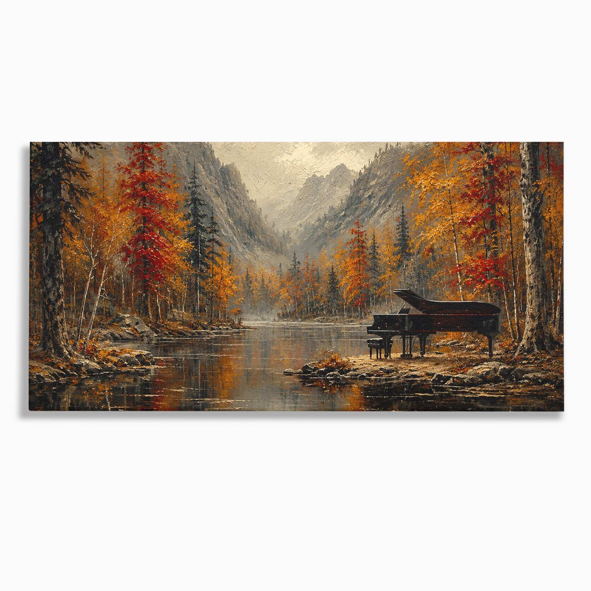 Tablou Canvas Premium LuxCanva® A1731, Pianul In Padurea De Toamna, Pian, Toamna, Padure, Lac, Living, Peisaj, Culori Vibrante