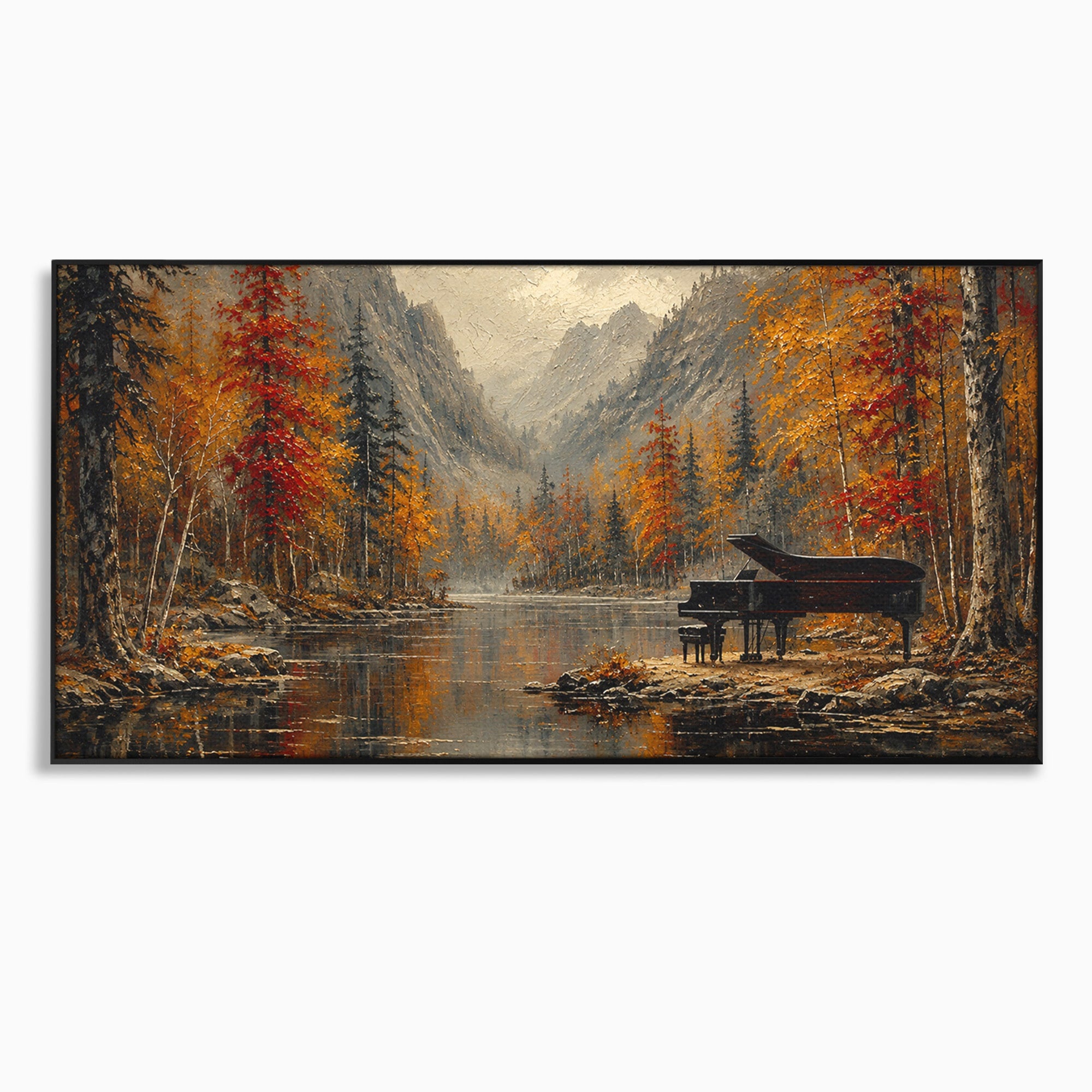 Tablou Canvas Premium LuxCanva® A1731, Pianul In Padurea De Toamna, Pian, Toamna, Padure, Lac, Living, Peisaj, Culori Vibrante