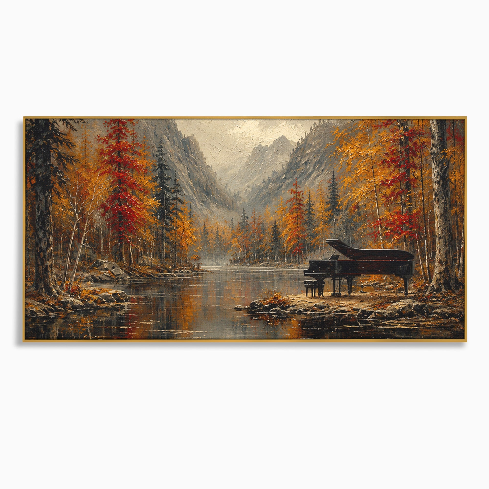 Tablou Canvas Premium LuxCanva® A1731, Pianul In Padurea De Toamna, Pian, Toamna, Padure, Lac, Living, Peisaj, Culori Vibrante