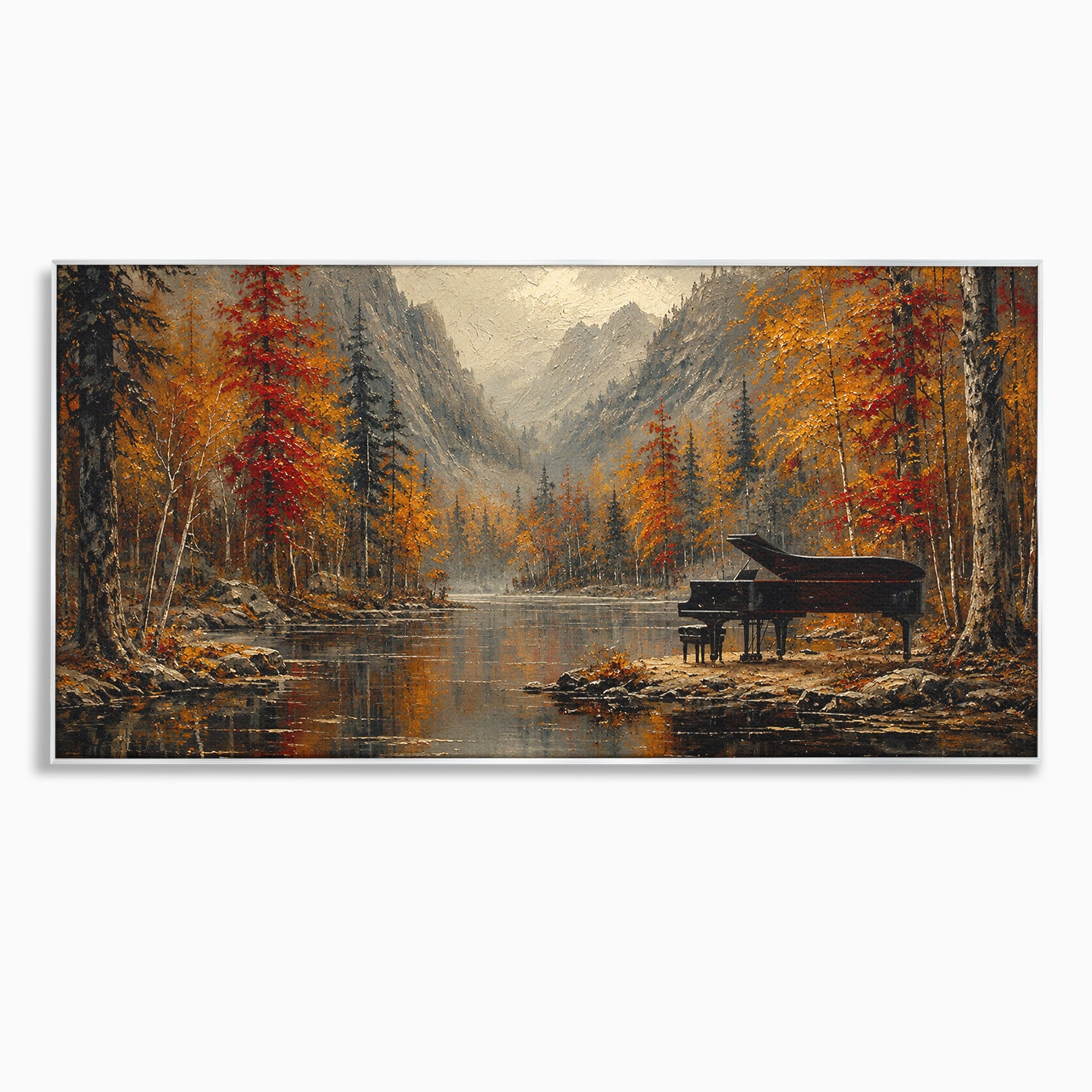 Tablou Canvas Premium LuxCanva® A1731, Pianul In Padurea De Toamna, Pian, Toamna, Padure, Lac, Living, Peisaj, Culori Vibrante