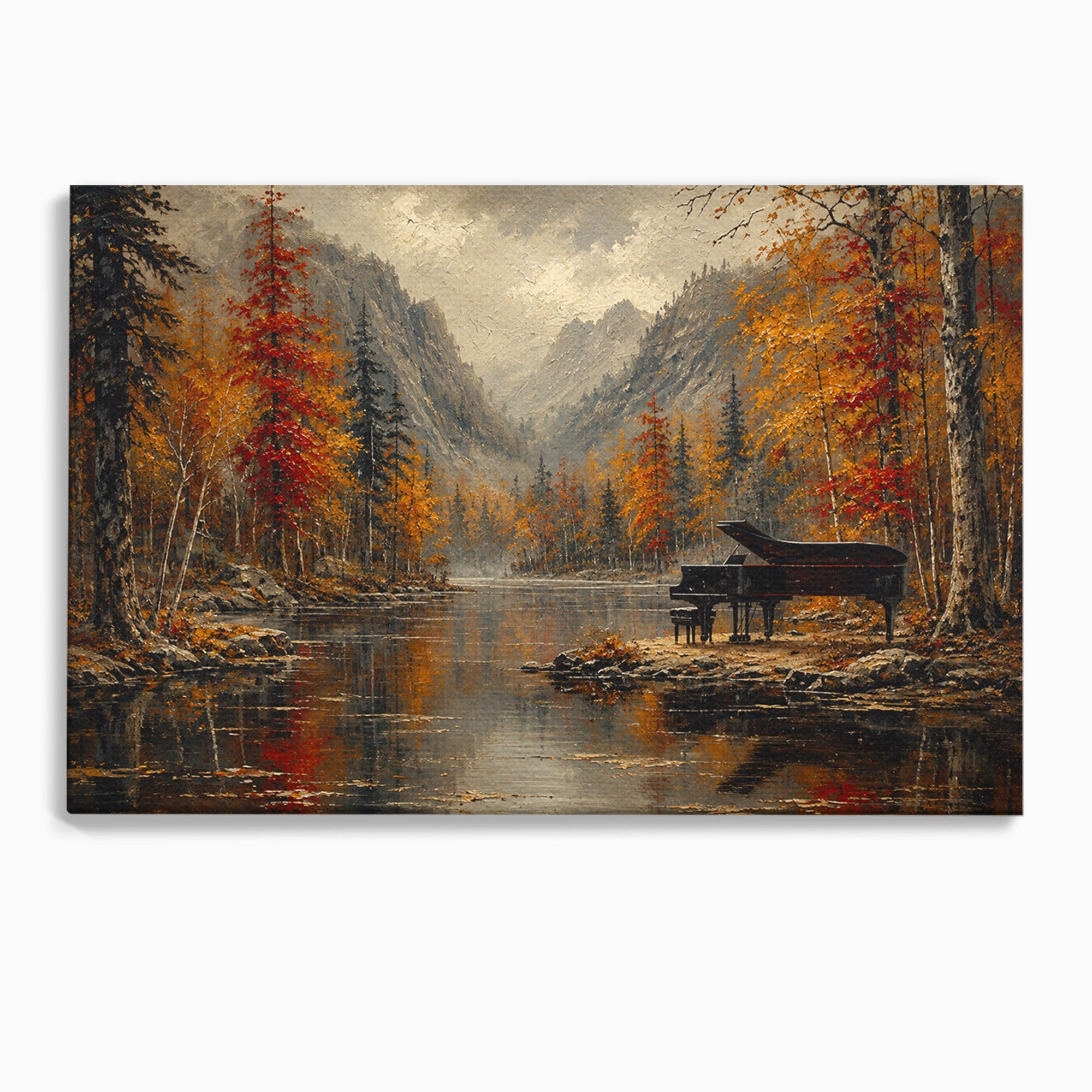 Tablou Canvas Premium LuxCanva® A1731, Pianul In Padurea De Toamna, Pian, Toamna, Padure, Lac, Living, Peisaj, Culori Vibrante