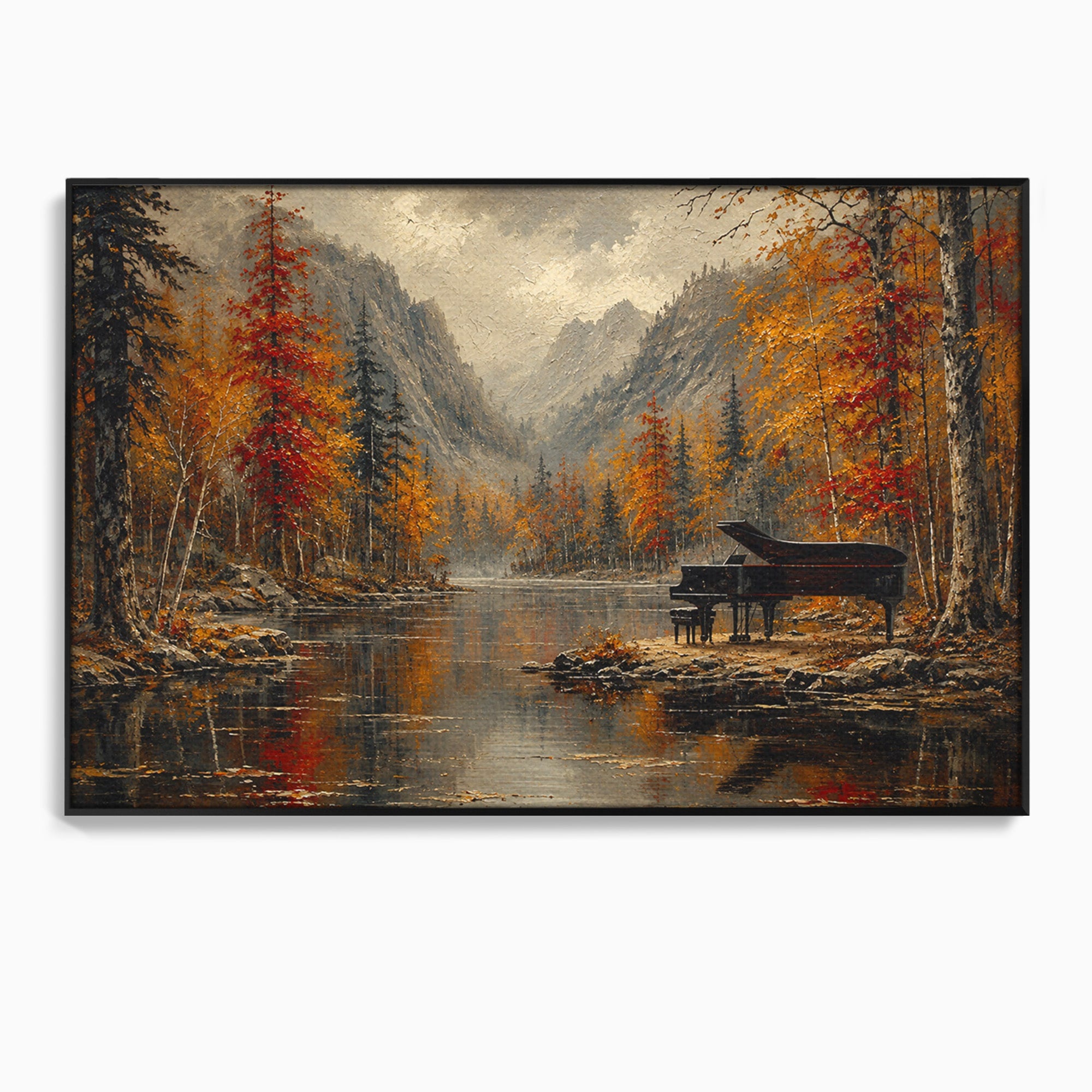 Tablou Canvas Premium LuxCanva® A1731, Pianul In Padurea De Toamna, Pian, Toamna, Padure, Lac, Living, Peisaj, Culori Vibrante