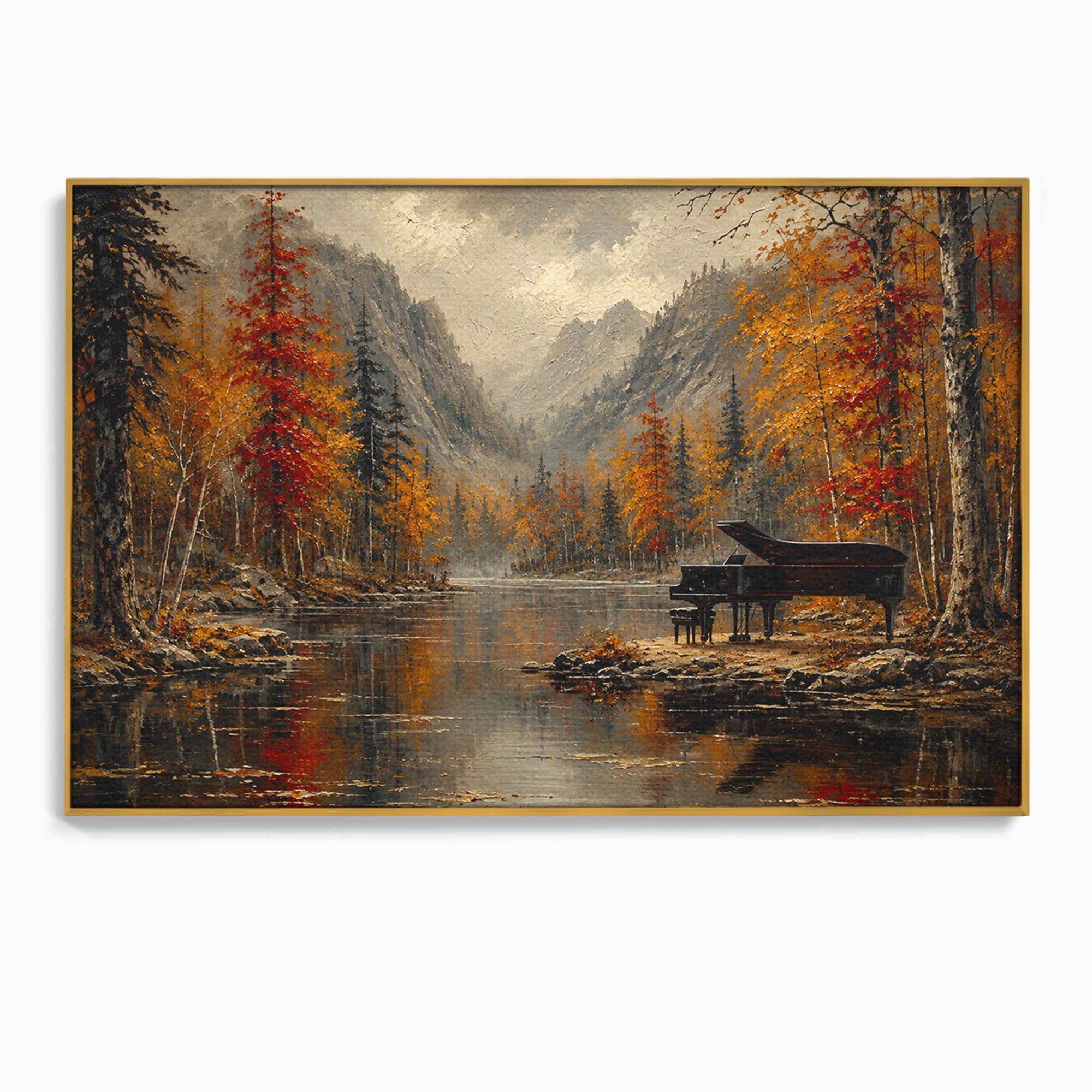 Tablou Canvas Premium LuxCanva® A1731, Pianul In Padurea De Toamna, Pian, Toamna, Padure, Lac, Living, Peisaj, Culori Vibrante