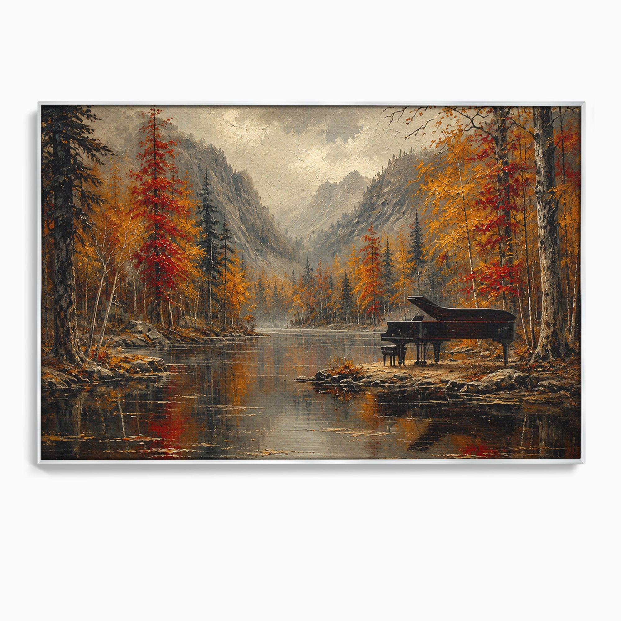 Tablou Canvas Premium LuxCanva® A1731, Pianul In Padurea De Toamna, Pian, Toamna, Padure, Lac, Living, Peisaj, Culori Vibrante