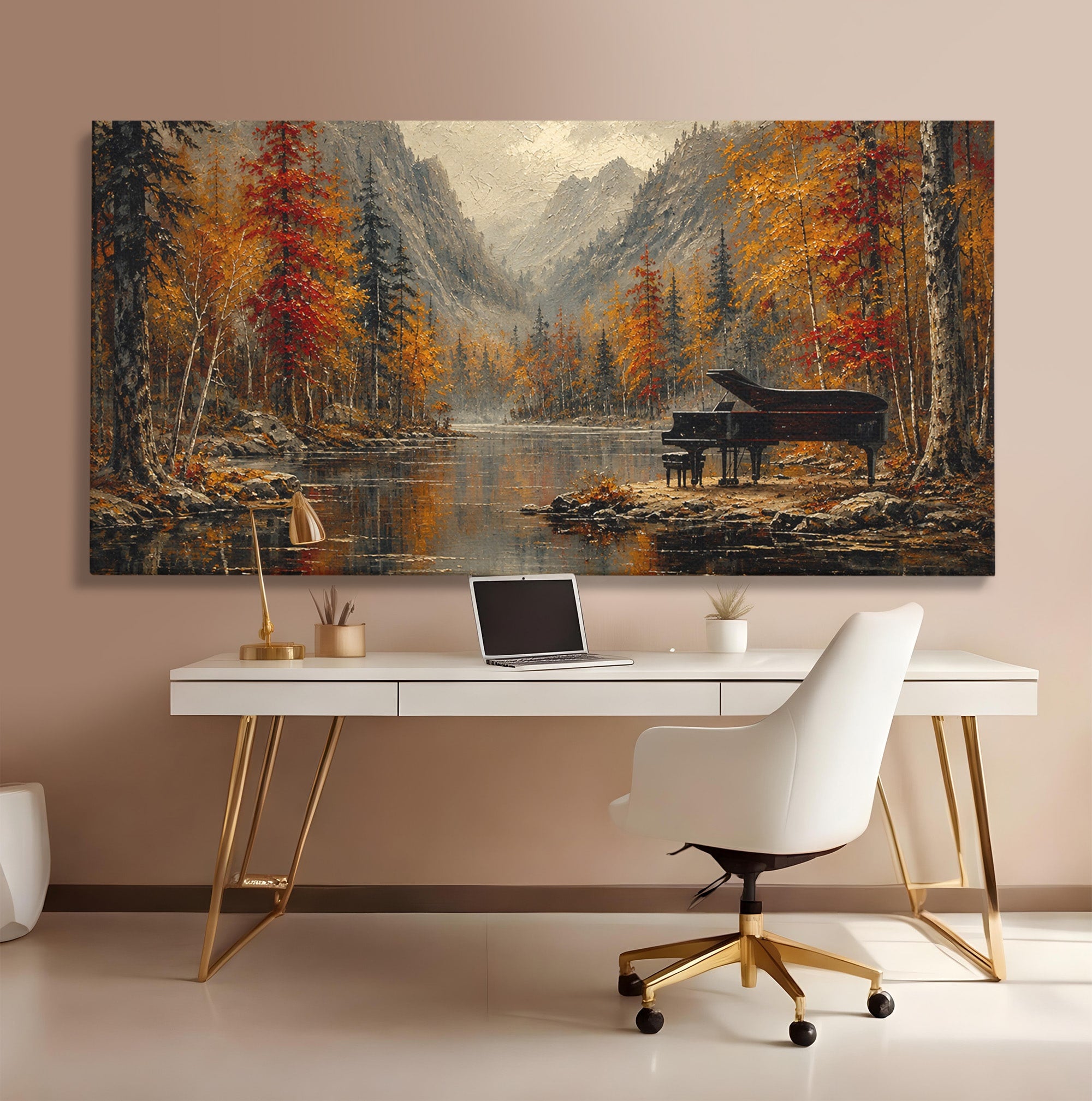 Tablou Canvas Premium LuxCanva® A1731, Pianul In Padurea De Toamna, Pian, Toamna, Padure, Lac, Living, Peisaj, Culori Vibrante