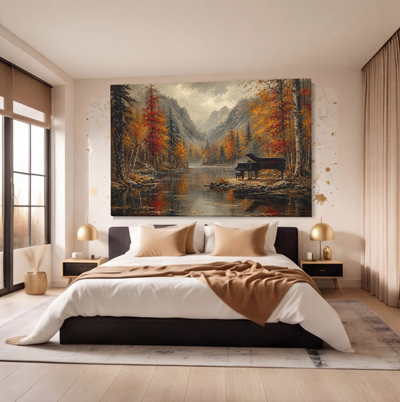 Tablou Canvas Premium LuxCanva® A1731, Pianul In Padurea De Toamna, Pian, Toamna, Padure, Lac, Living, Peisaj, Culori Vibrante