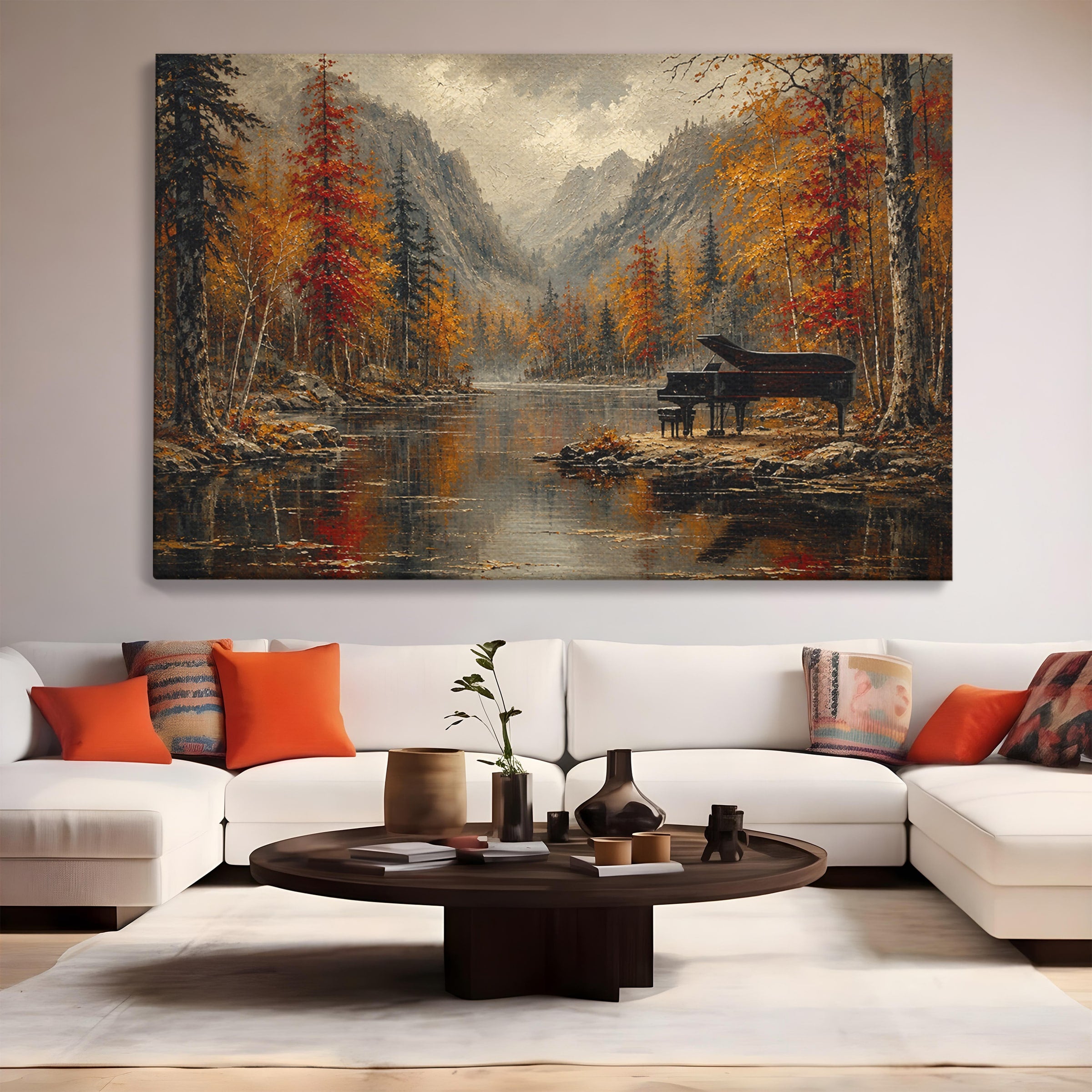 Tablou Canvas Premium LuxCanva® A1731, Pianul In Padurea De Toamna, Pian, Toamna, Padure, Lac, Living, Peisaj, Culori Vibrante