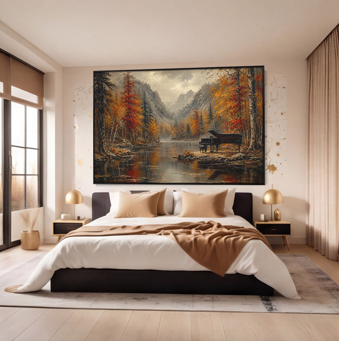 Tablou Canvas Premium LuxCanva® A1731, Pianul In Padurea De Toamna, Pian, Toamna, Padure, Lac, Living, Peisaj, Culori Vibrante