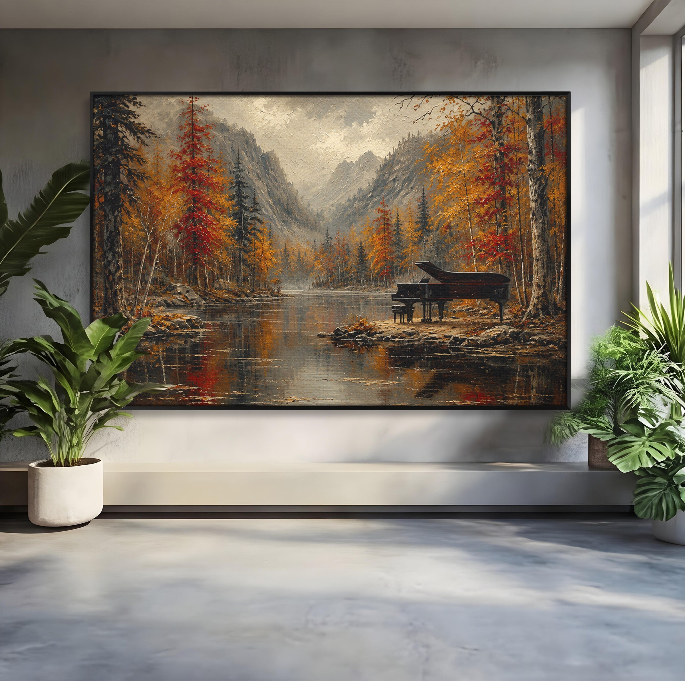 Tablou Canvas Premium LuxCanva® A1731, Pianul In Padurea De Toamna, Pian, Toamna, Padure, Lac, Living, Peisaj, Culori Vibrante