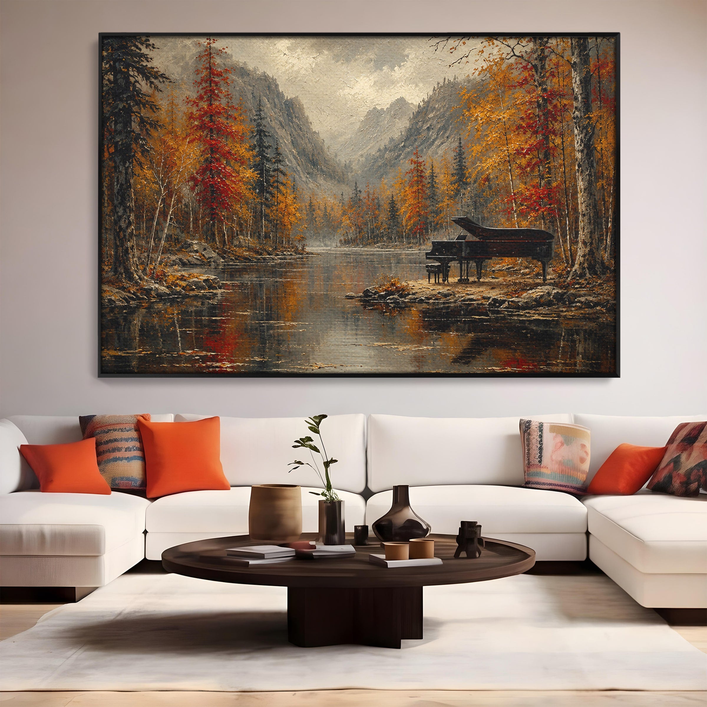 Tablou Canvas Premium LuxCanva® A1731, Pianul In Padurea De Toamna, Pian, Toamna, Padure, Lac, Living, Peisaj, Culori Vibrante