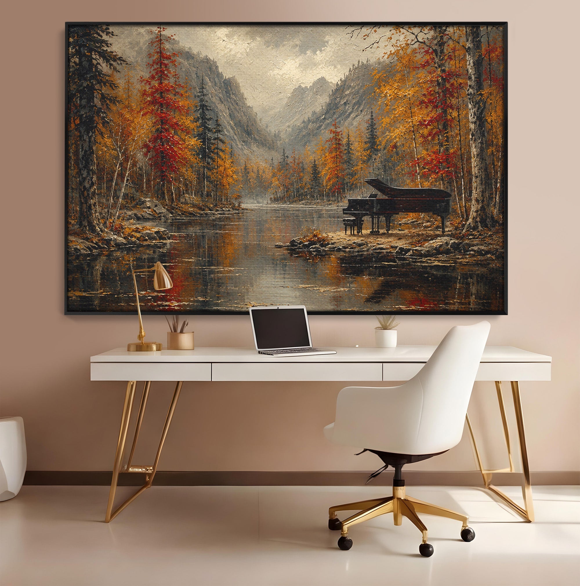 Tablou Canvas Premium LuxCanva® A1731, Pianul In Padurea De Toamna, Pian, Toamna, Padure, Lac, Living, Peisaj, Culori Vibrante