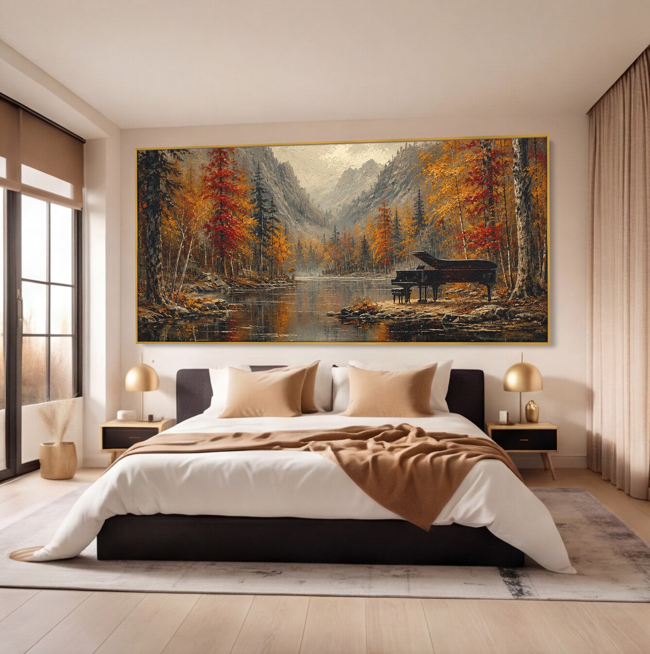 Tablou Canvas Premium LuxCanva® A1731, Pianul In Padurea De Toamna, Pian, Toamna, Padure, Lac, Living, Peisaj, Culori Vibrante