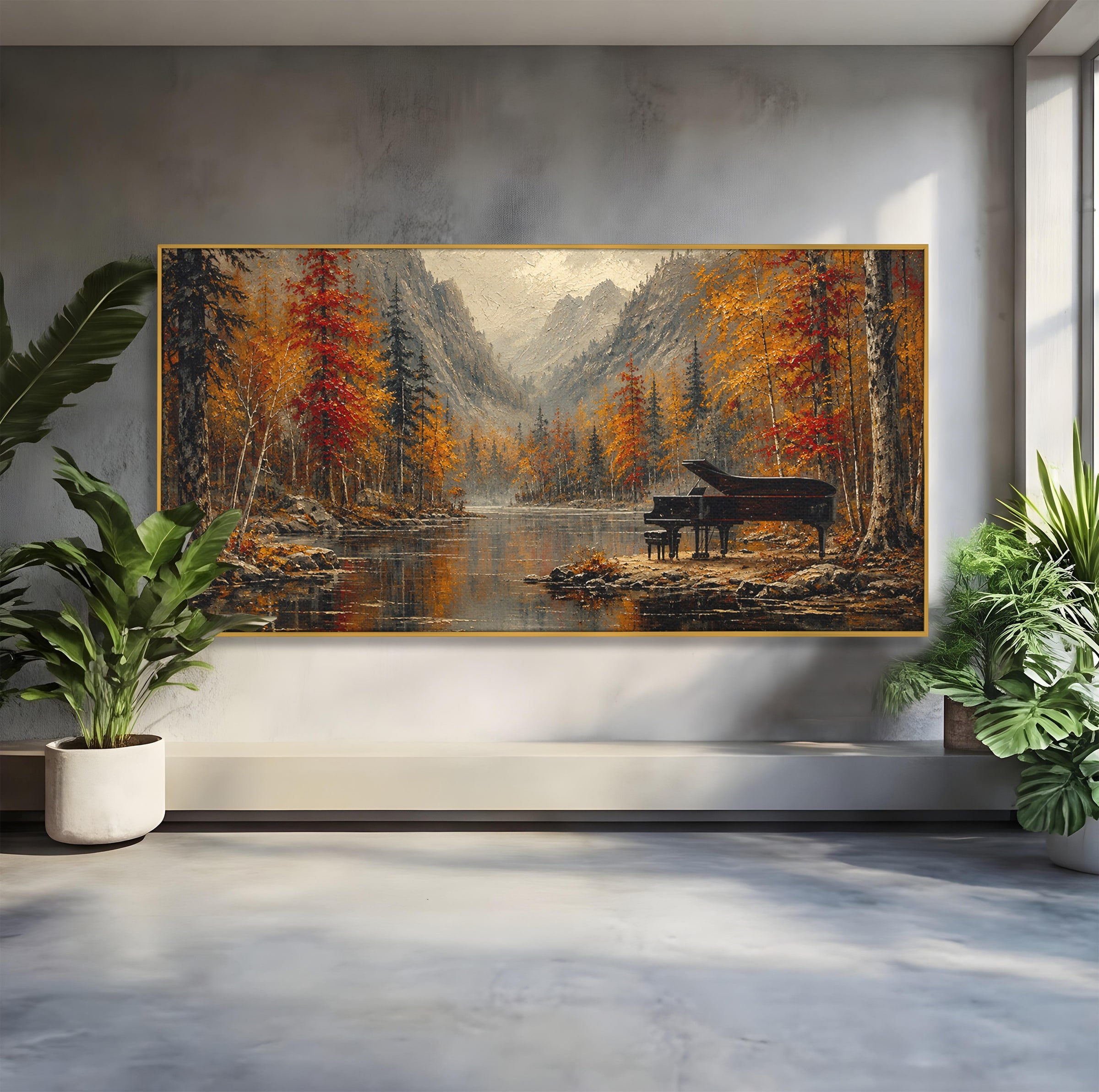 Tablou Canvas Premium LuxCanva® A1731, Pianul In Padurea De Toamna, Pian, Toamna, Padure, Lac, Living, Peisaj, Culori Vibrante