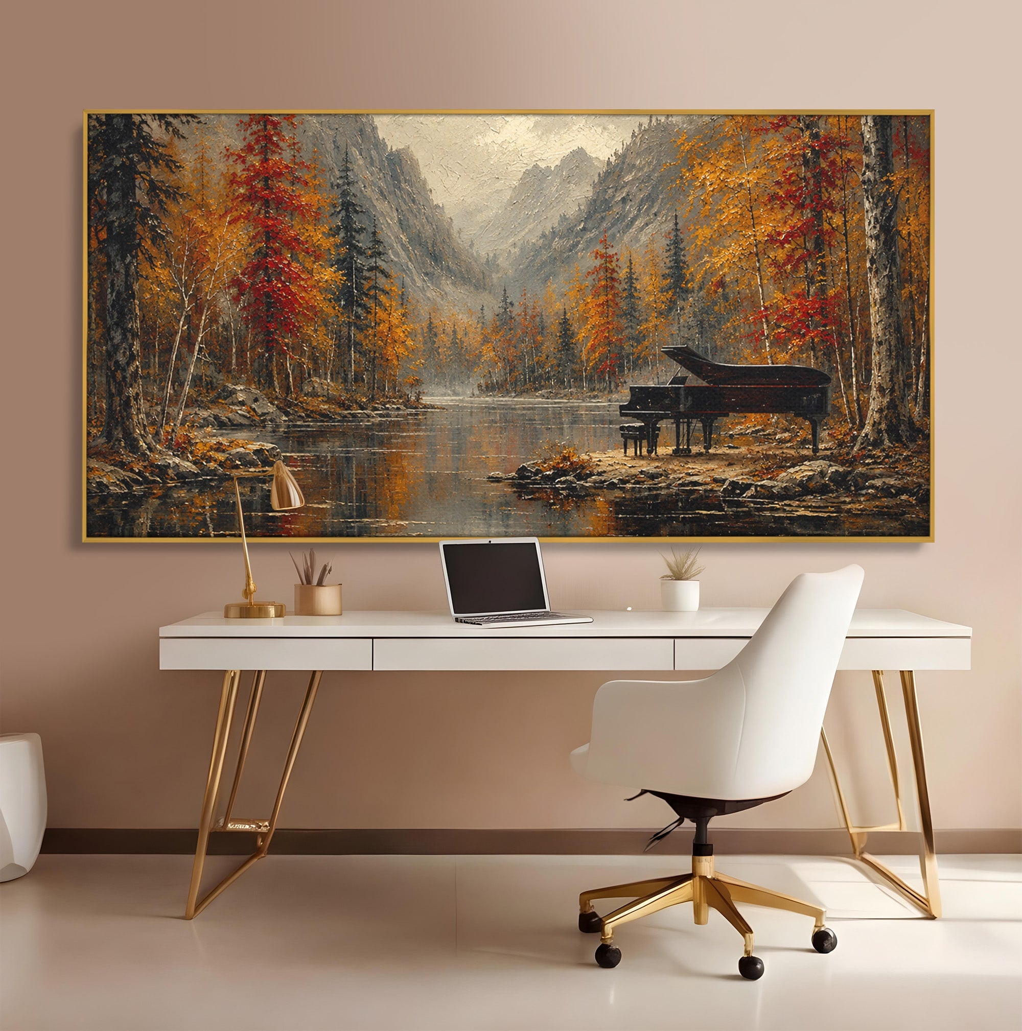 Tablou Canvas Premium LuxCanva® A1731, Pianul In Padurea De Toamna, Pian, Toamna, Padure, Lac, Living, Peisaj, Culori Vibrante