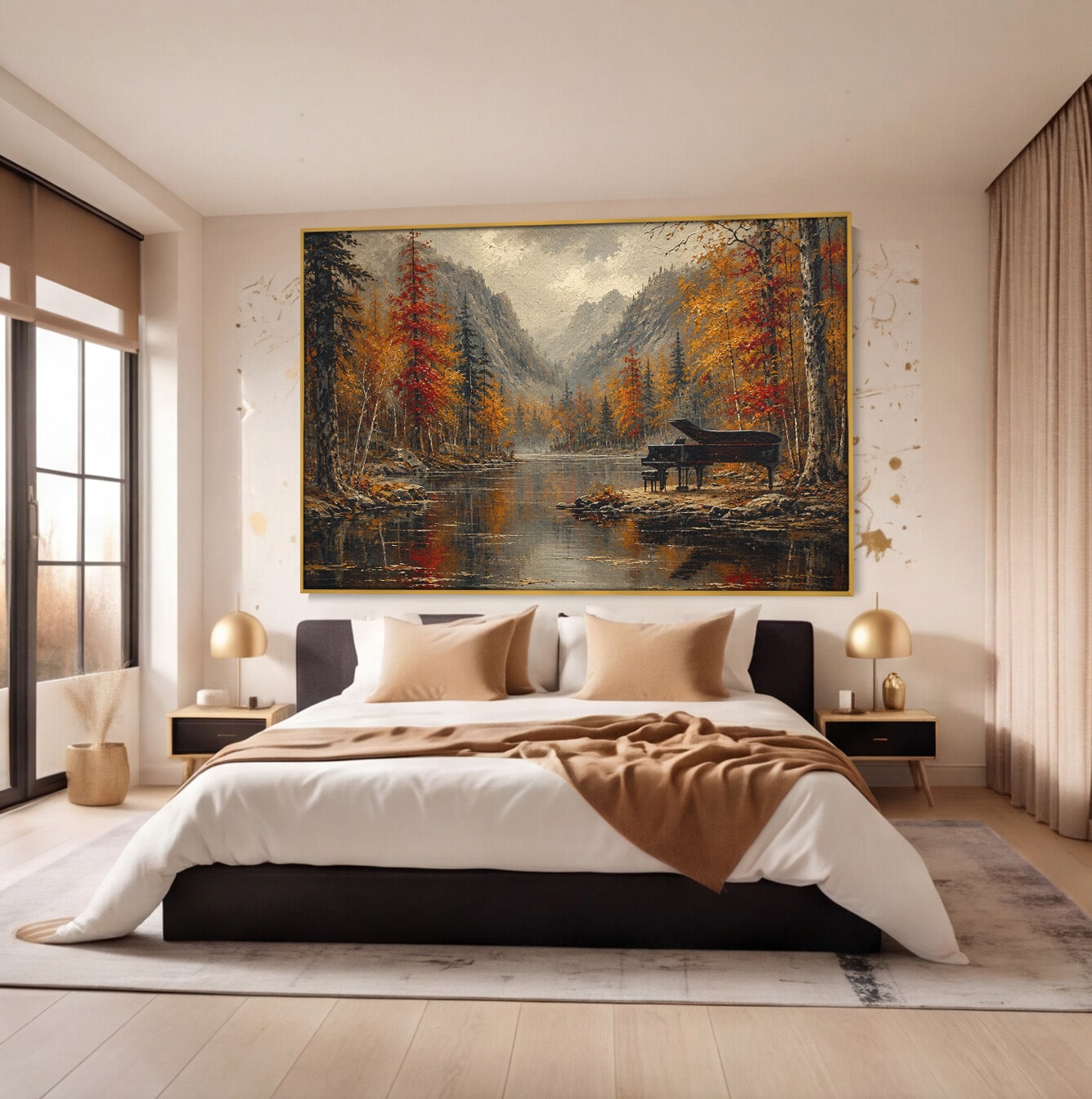 Tablou Canvas Premium LuxCanva® A1731, Pianul In Padurea De Toamna, Pian, Toamna, Padure, Lac, Living, Peisaj, Culori Vibrante