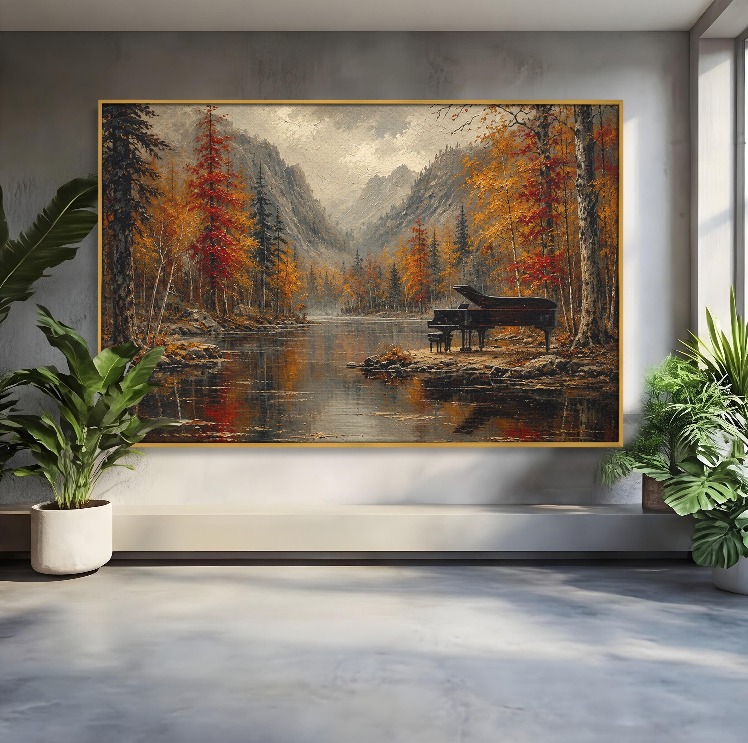 Tablou Canvas Premium LuxCanva® A1731, Pianul In Padurea De Toamna, Pian, Toamna, Padure, Lac, Living, Peisaj, Culori Vibrante