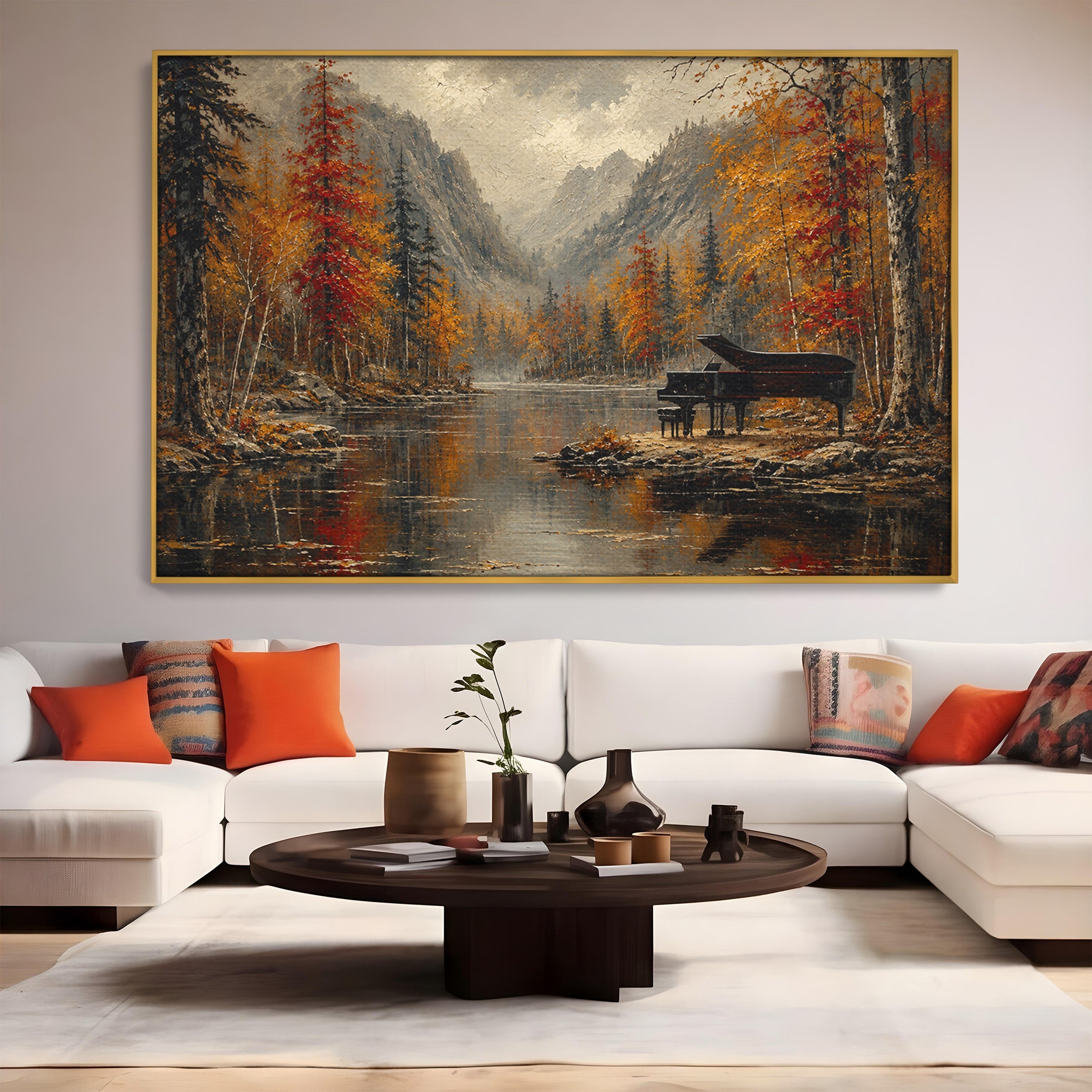Tablou Canvas Premium LuxCanva® A1731, Pianul In Padurea De Toamna, Pian, Toamna, Padure, Lac, Living, Peisaj, Culori Vibrante