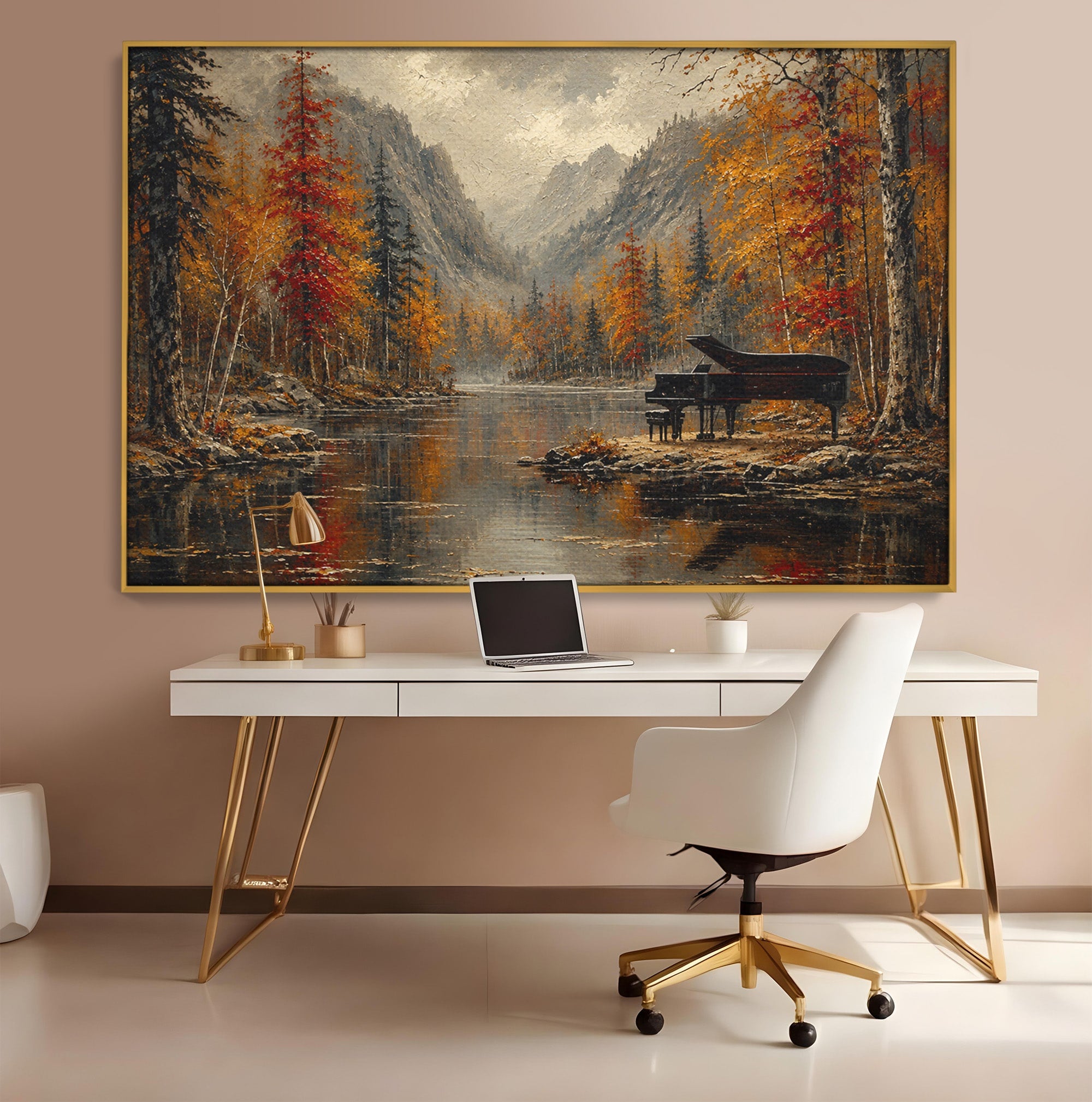 Tablou Canvas Premium LuxCanva® A1731, Pianul In Padurea De Toamna, Pian, Toamna, Padure, Lac, Living, Peisaj, Culori Vibrante