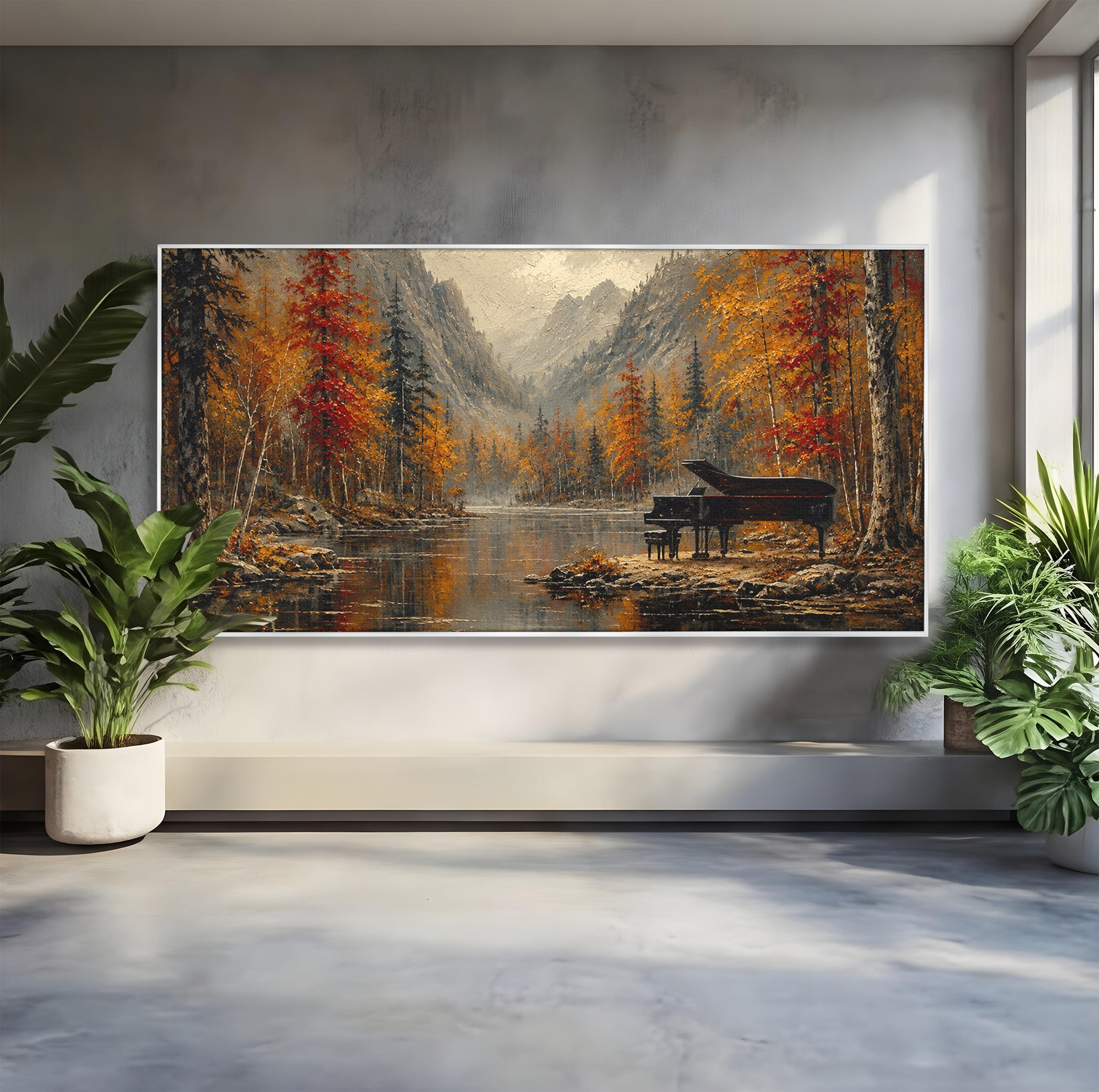 Tablou Canvas Premium LuxCanva® A1731, Pianul In Padurea De Toamna, Pian, Toamna, Padure, Lac, Living, Peisaj, Culori Vibrante