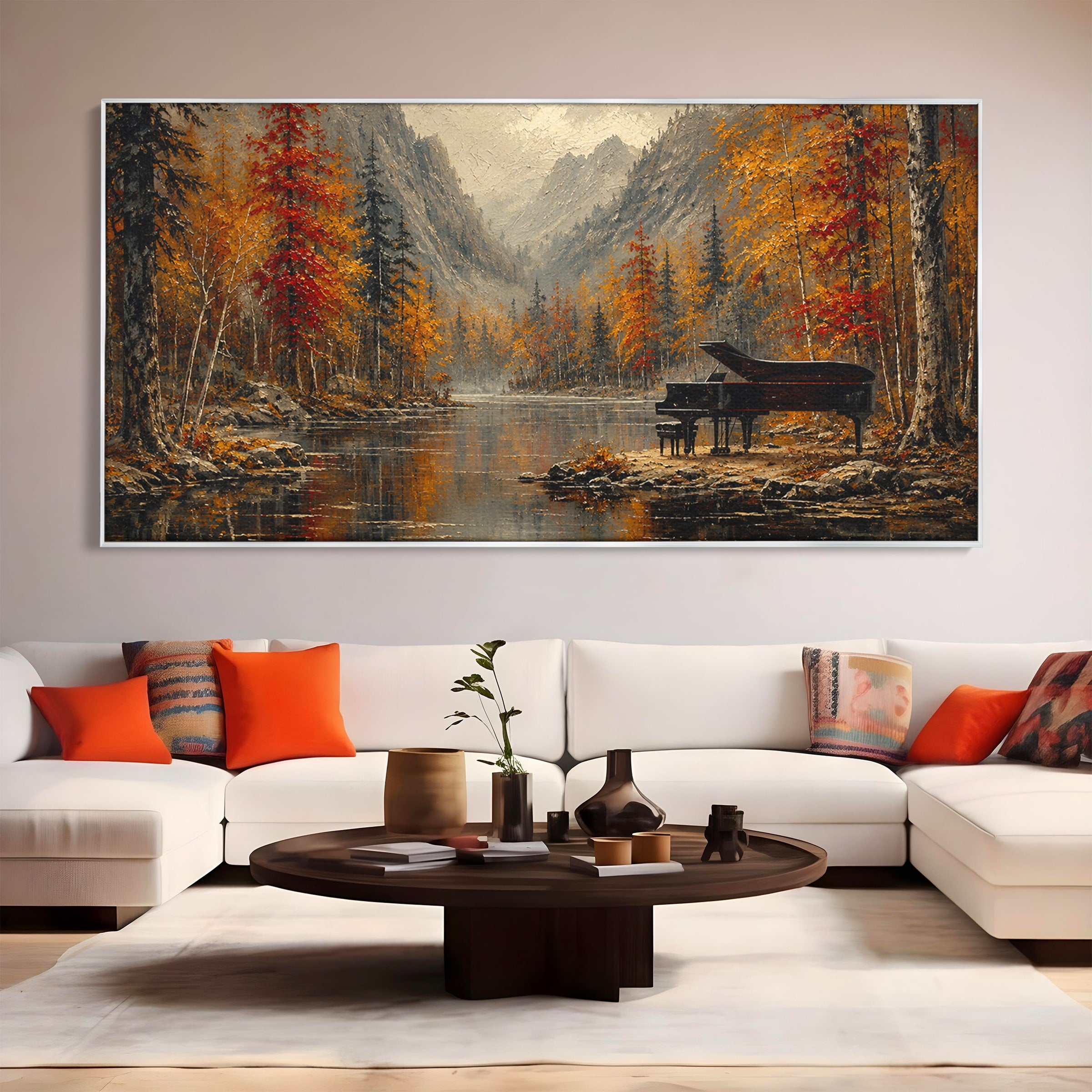 Tablou Canvas Premium LuxCanva® A1731, Pianul In Padurea De Toamna, Pian, Toamna, Padure, Lac, Living, Peisaj, Culori Vibrante