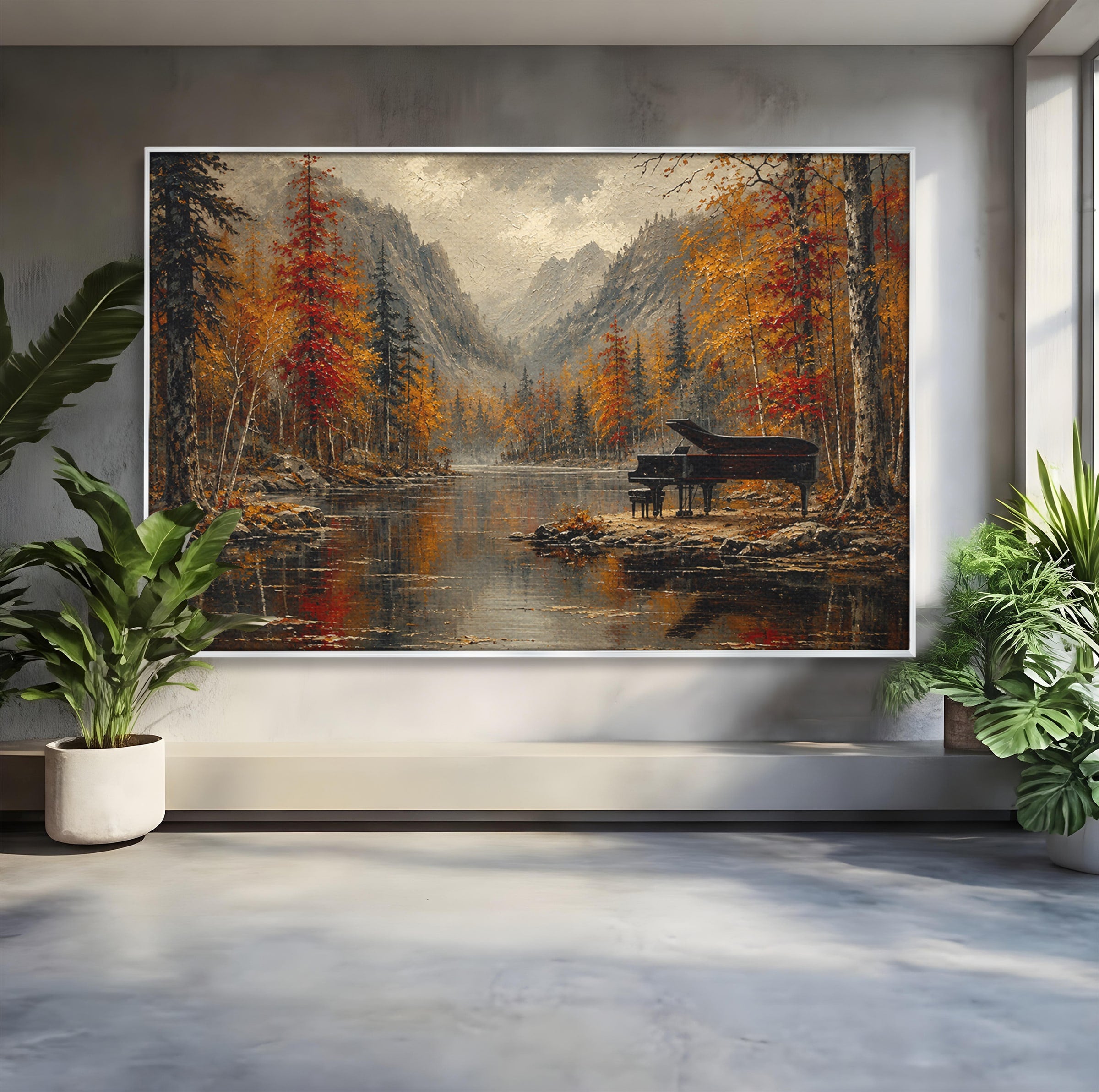 Tablou Canvas Premium LuxCanva® A1731, Pianul In Padurea De Toamna, Pian, Toamna, Padure, Lac, Living, Peisaj, Culori Vibrante
